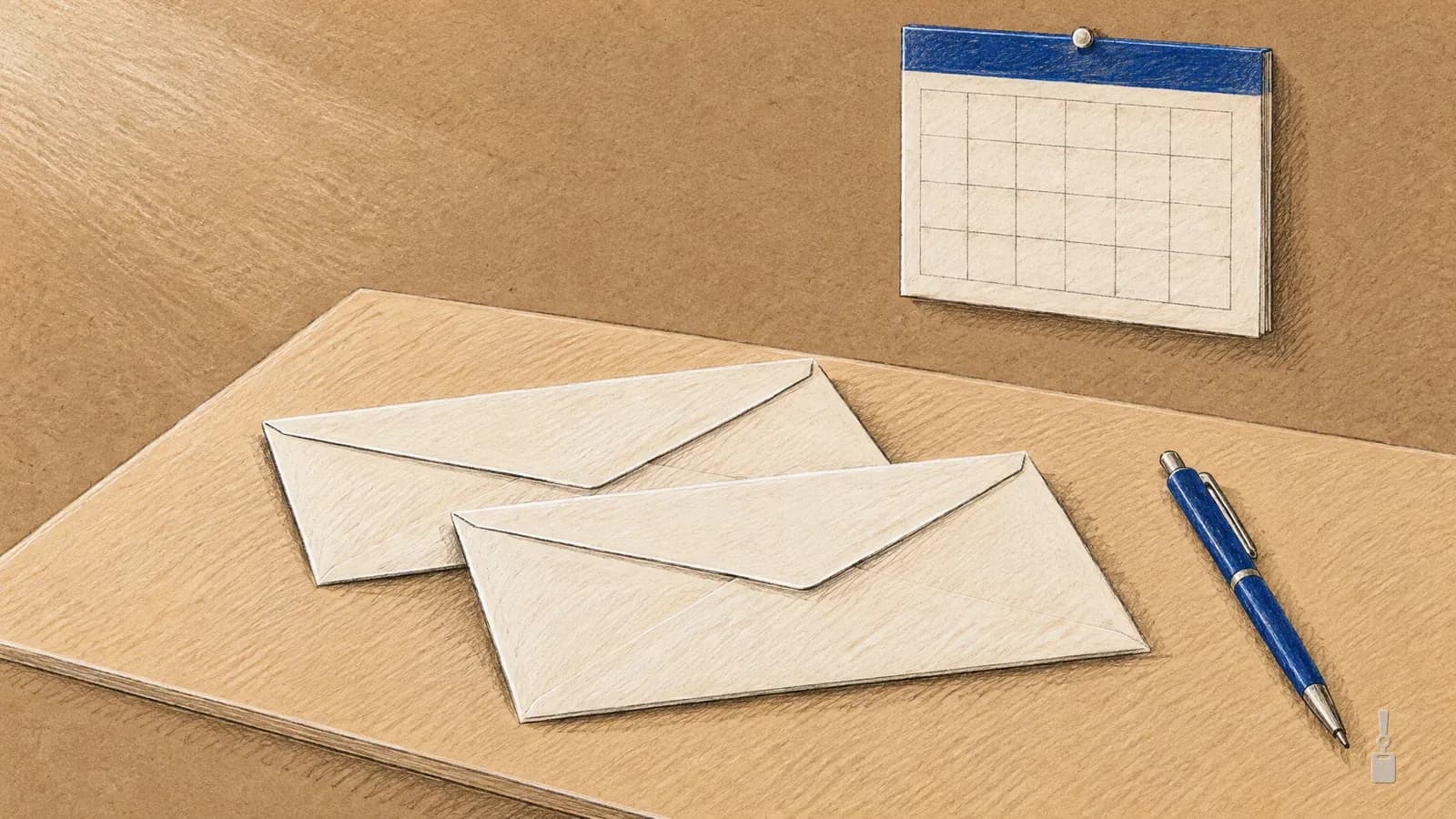Coloured pencil drawing of two sealed envelopes on a desk below a blank wall calendar