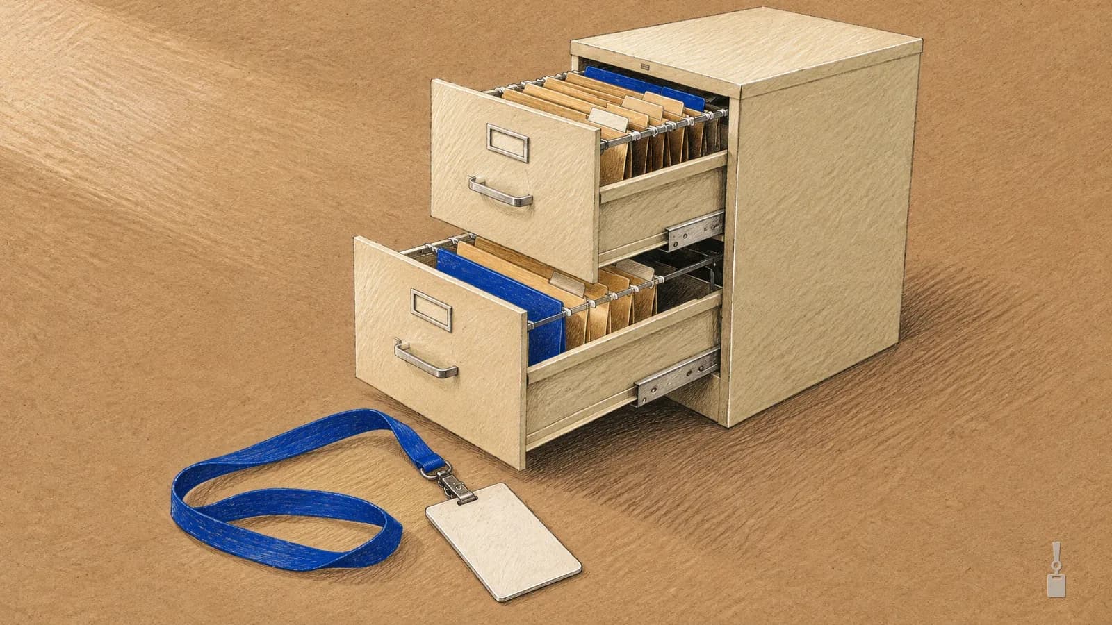 Coloured pencil drawing of a filing cabinet with both drawers open on folders and a blank ID badge on a blue lanyard on the floor