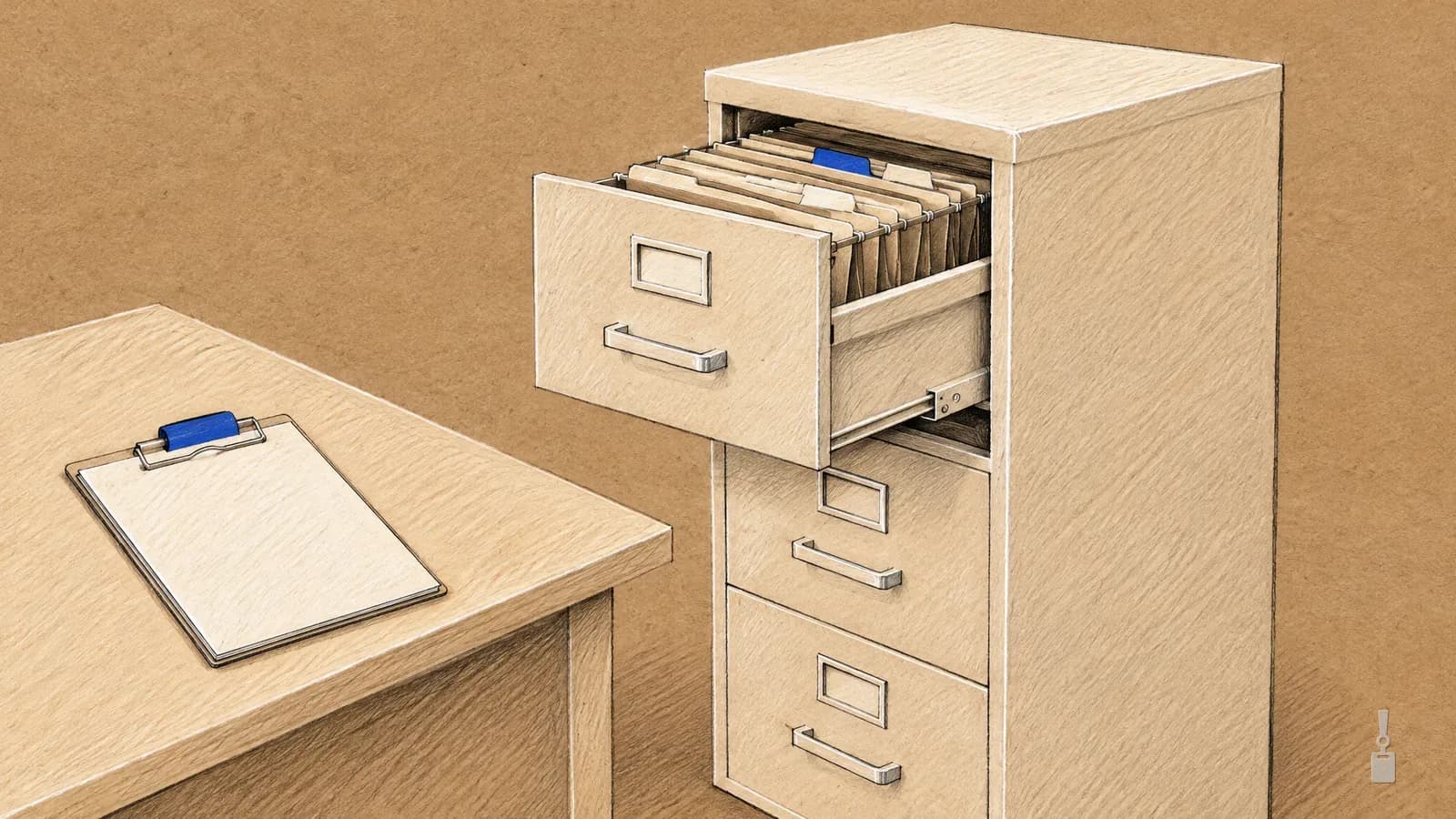 Coloured pencil drawing of a filing cabinet with an open drawer of folders beside a desk with a clipboard