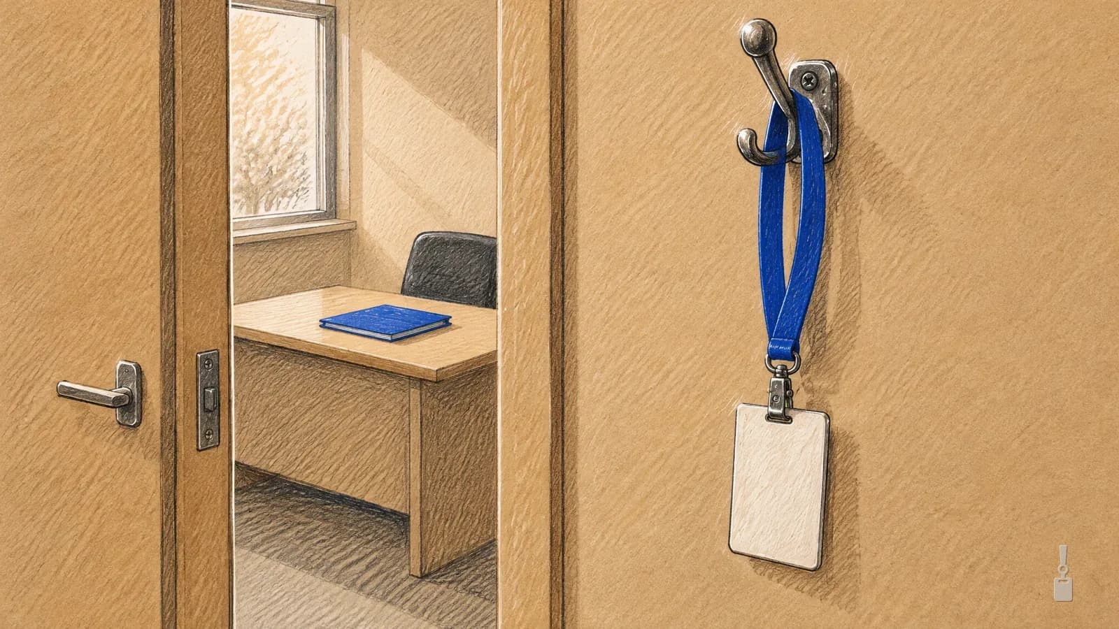 Coloured pencil drawing of an office doorway with a blank ID badge on a blue lanyard hanging from a coat hook