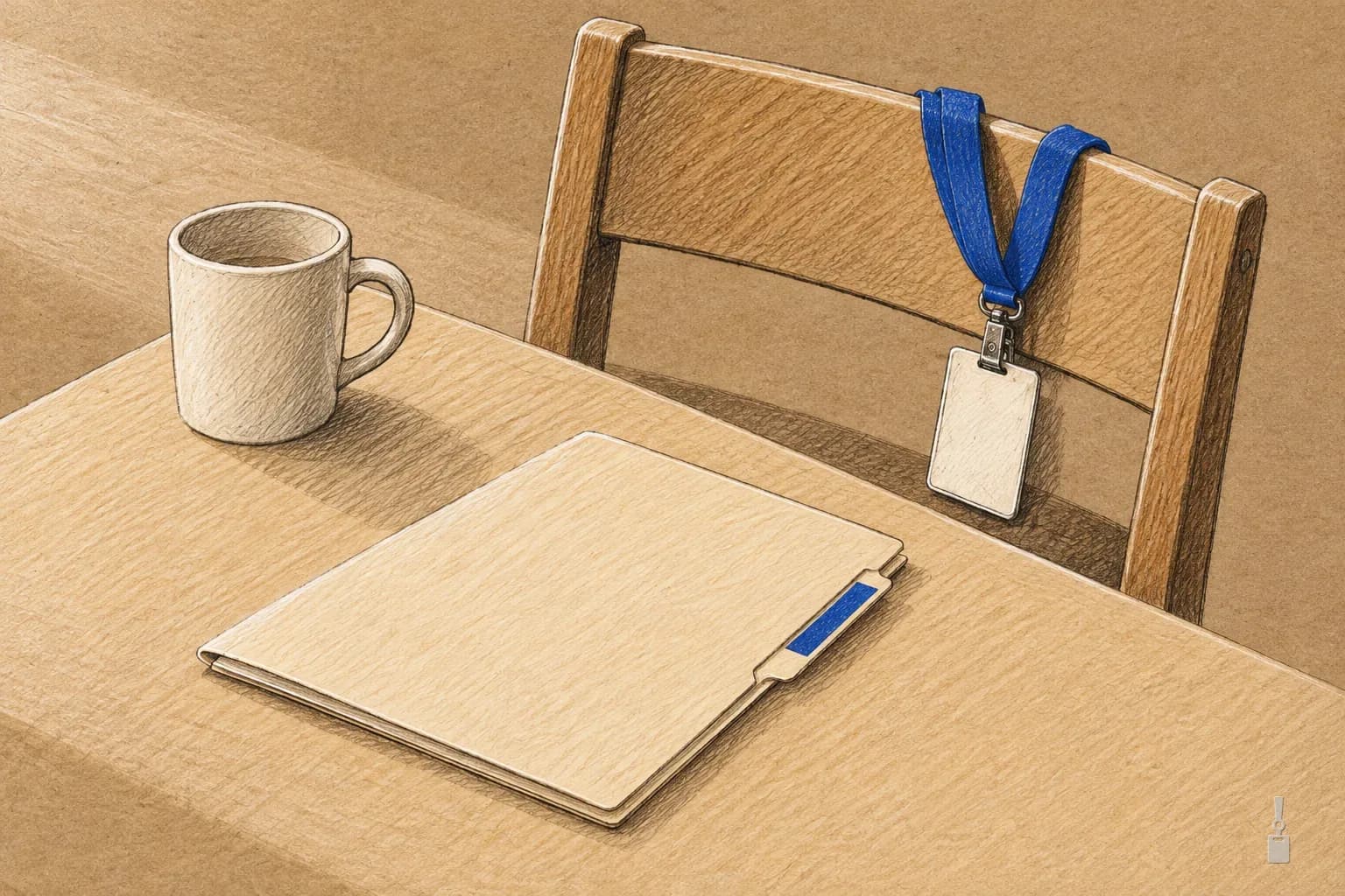 Coloured pencil drawing of a small office desk with a folder, a mug and a blank badge on a chair
