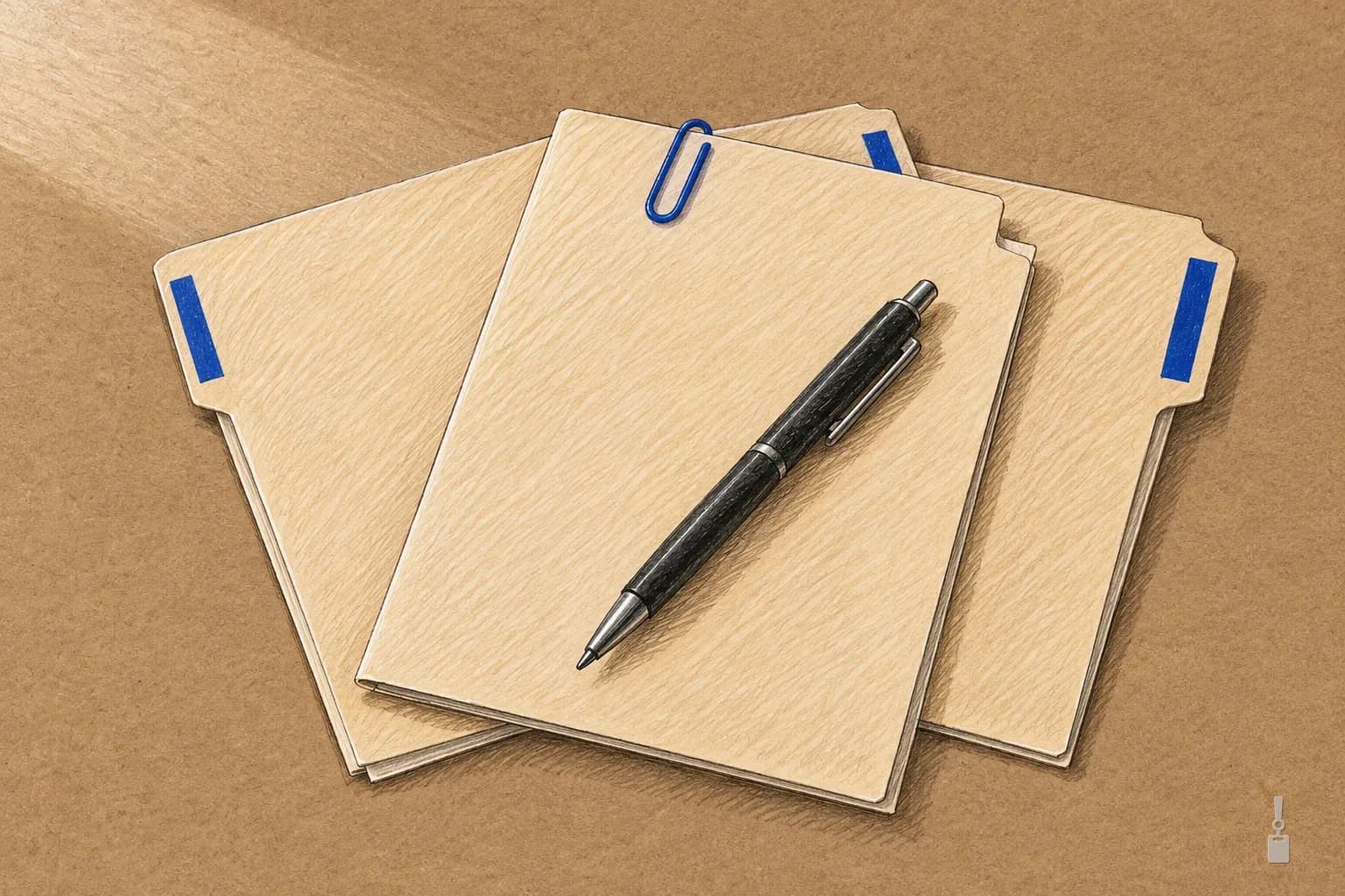 Coloured pencil drawing of three manila folders fanned on a desk with a blue paper clip