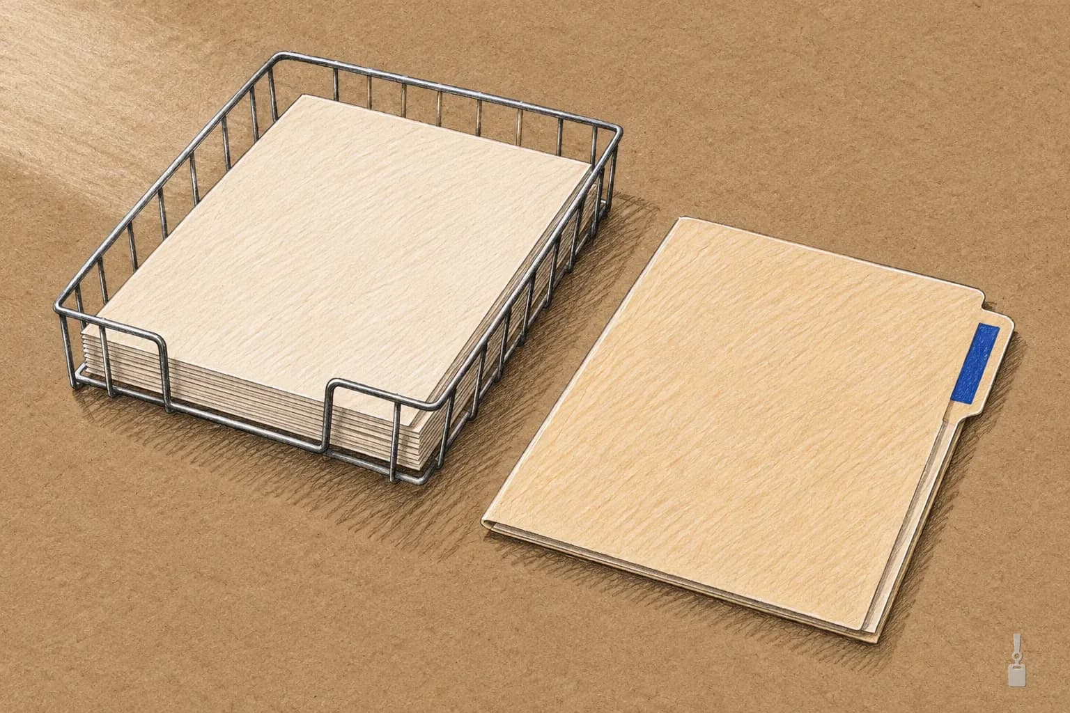 Coloured pencil drawing of a wire tray of blank sheets beside a manila folder with a blue label