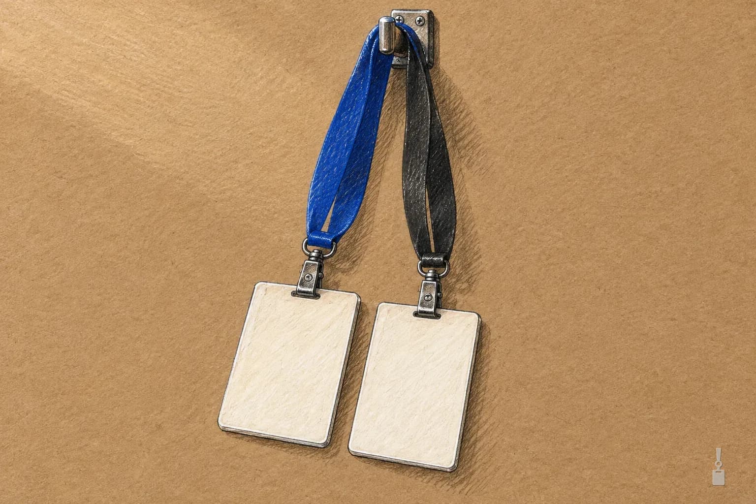 Coloured pencil drawing of two blank ID badges hanging from one hook, one on a blue lanyard