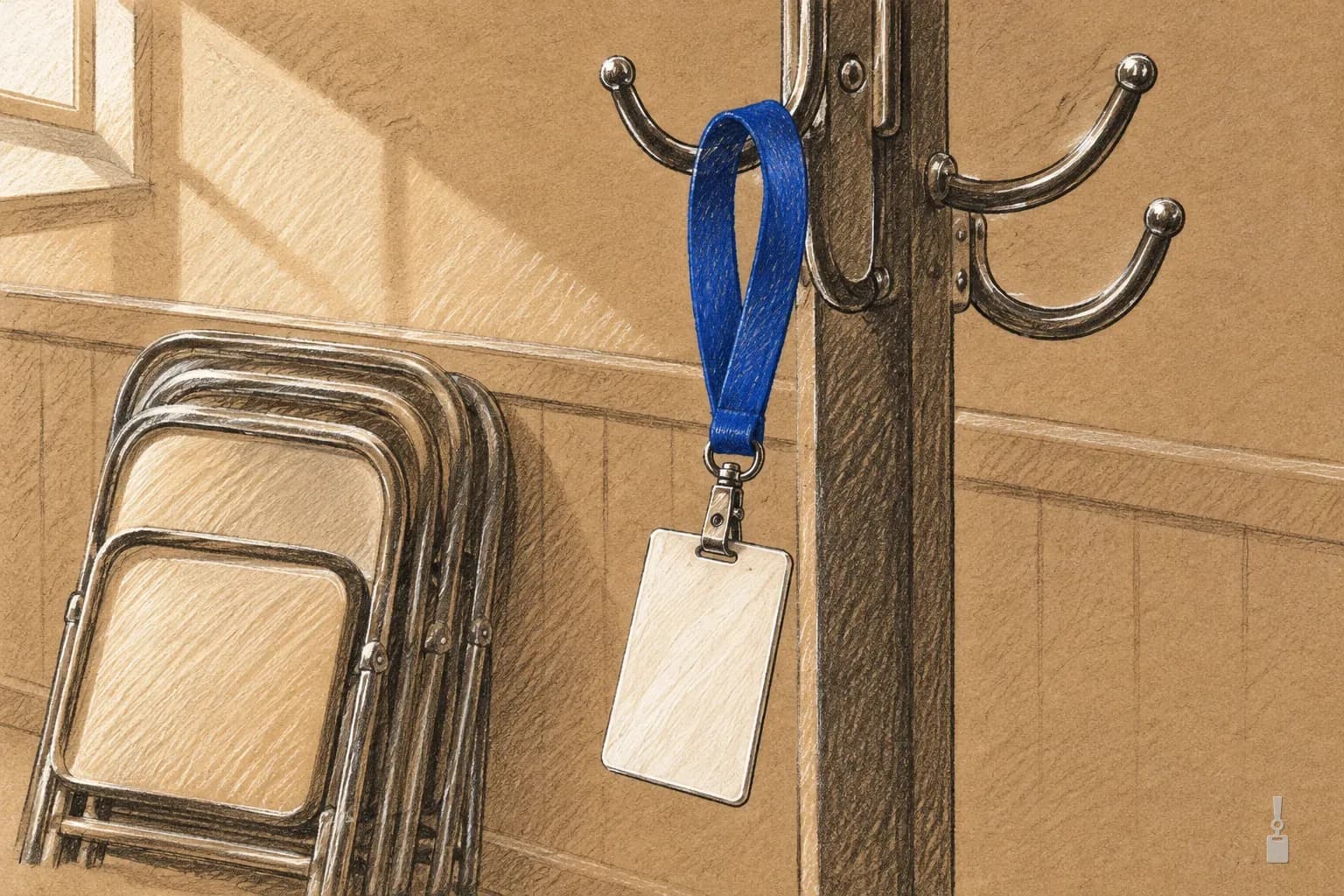 Coloured pencil drawing of a blank volunteer badge on a blue lanyard hanging from a coat rack in a hall