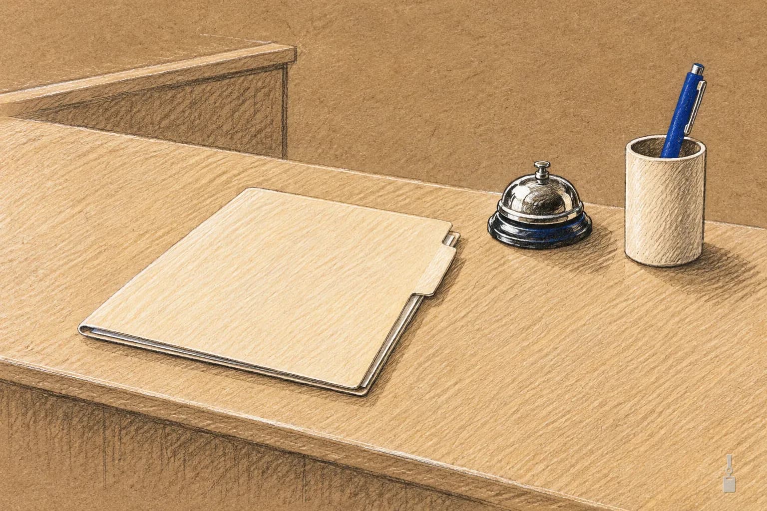 Coloured pencil drawing of an office counter with a manila folder, a desk bell and a blue pen