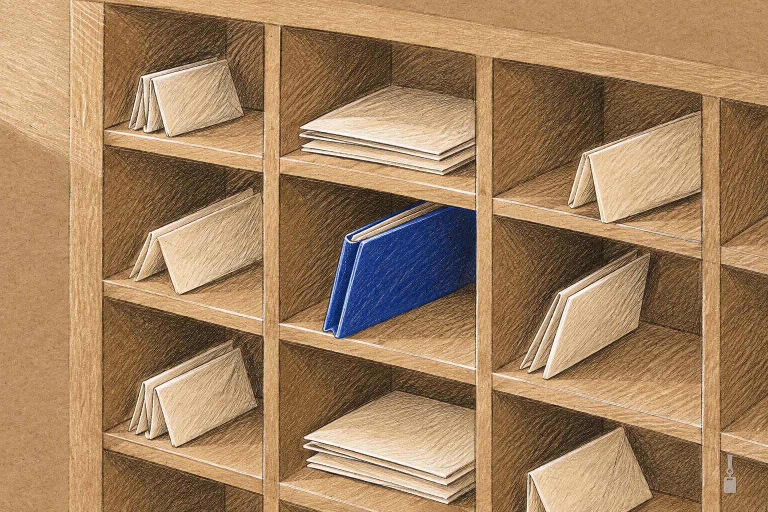 Coloured pencil drawing of wooden pigeonhole mail slots with one blue folder
