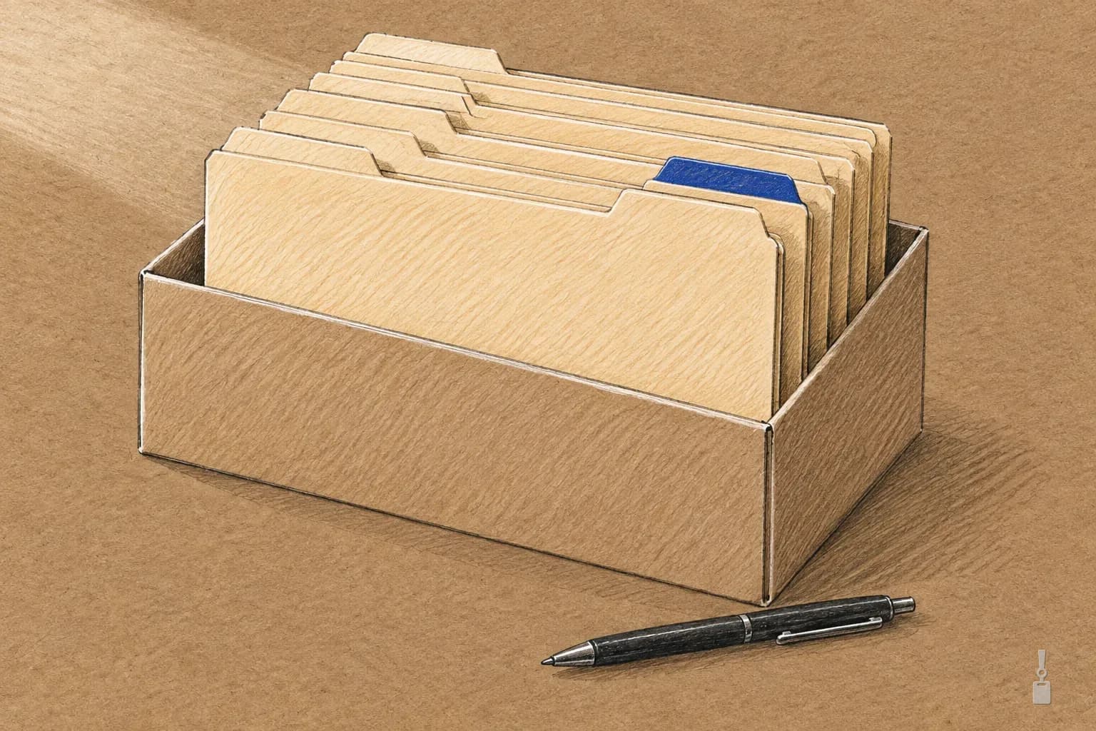 Coloured pencil drawing of manila folders standing in a desk file box with one blue tab