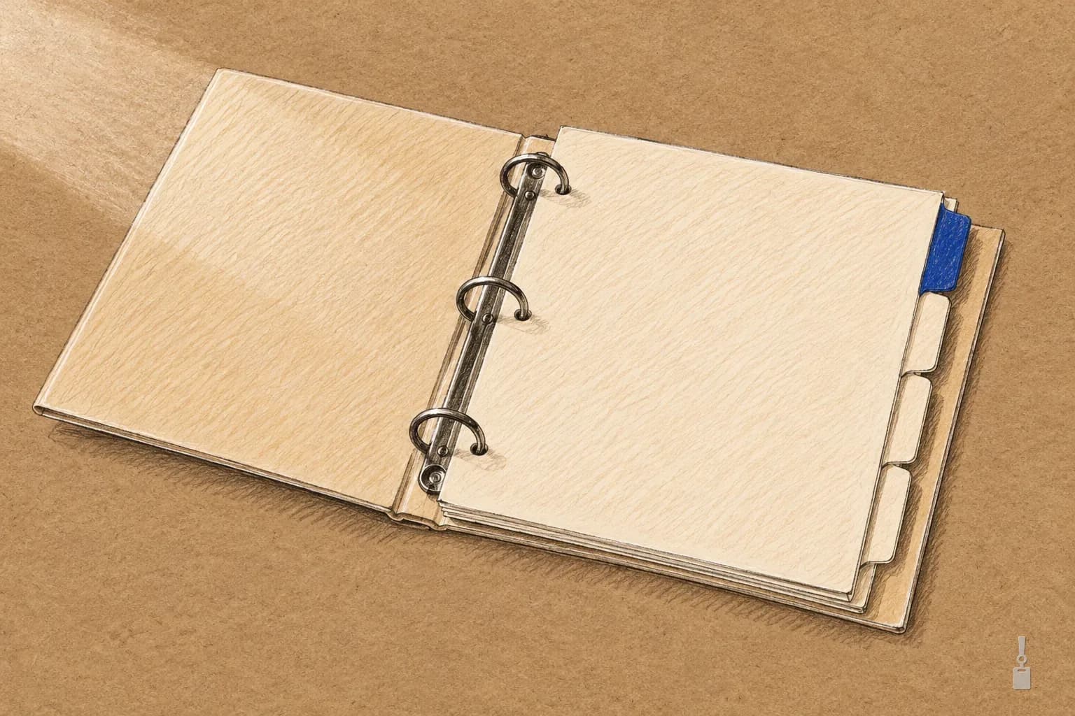 Coloured pencil drawing of an open ring binder with blank divider tabs, one of them blue