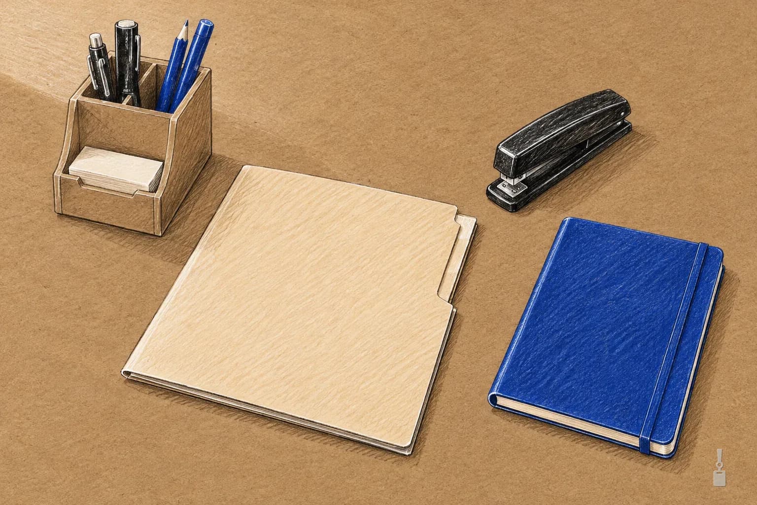 Coloured pencil drawing of a tidy desk from above with a folder, a stapler and a blue notebook