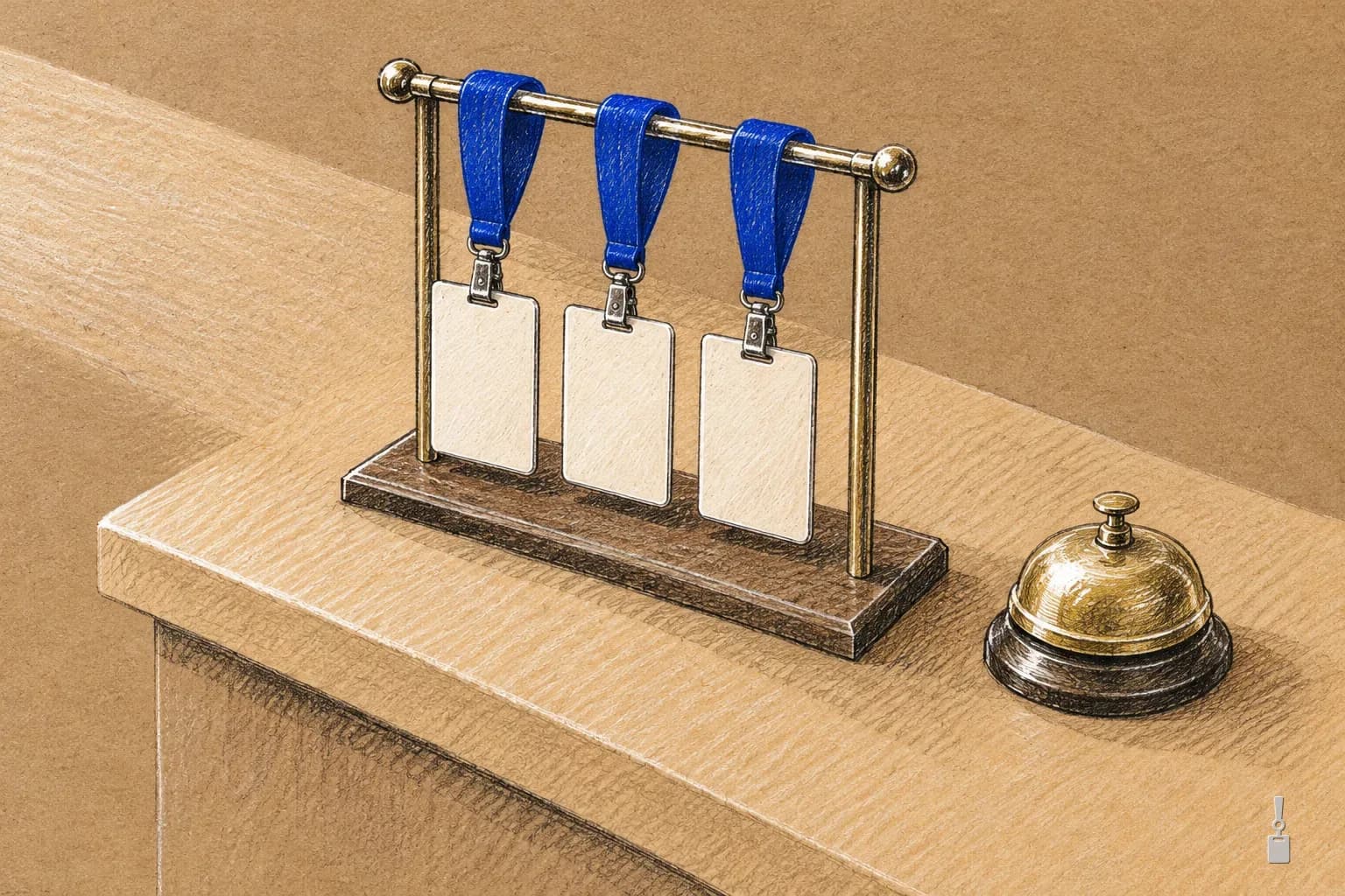 Coloured pencil drawing of a reception counter with three blank ID badges hanging from a desk stand beside a service bell
