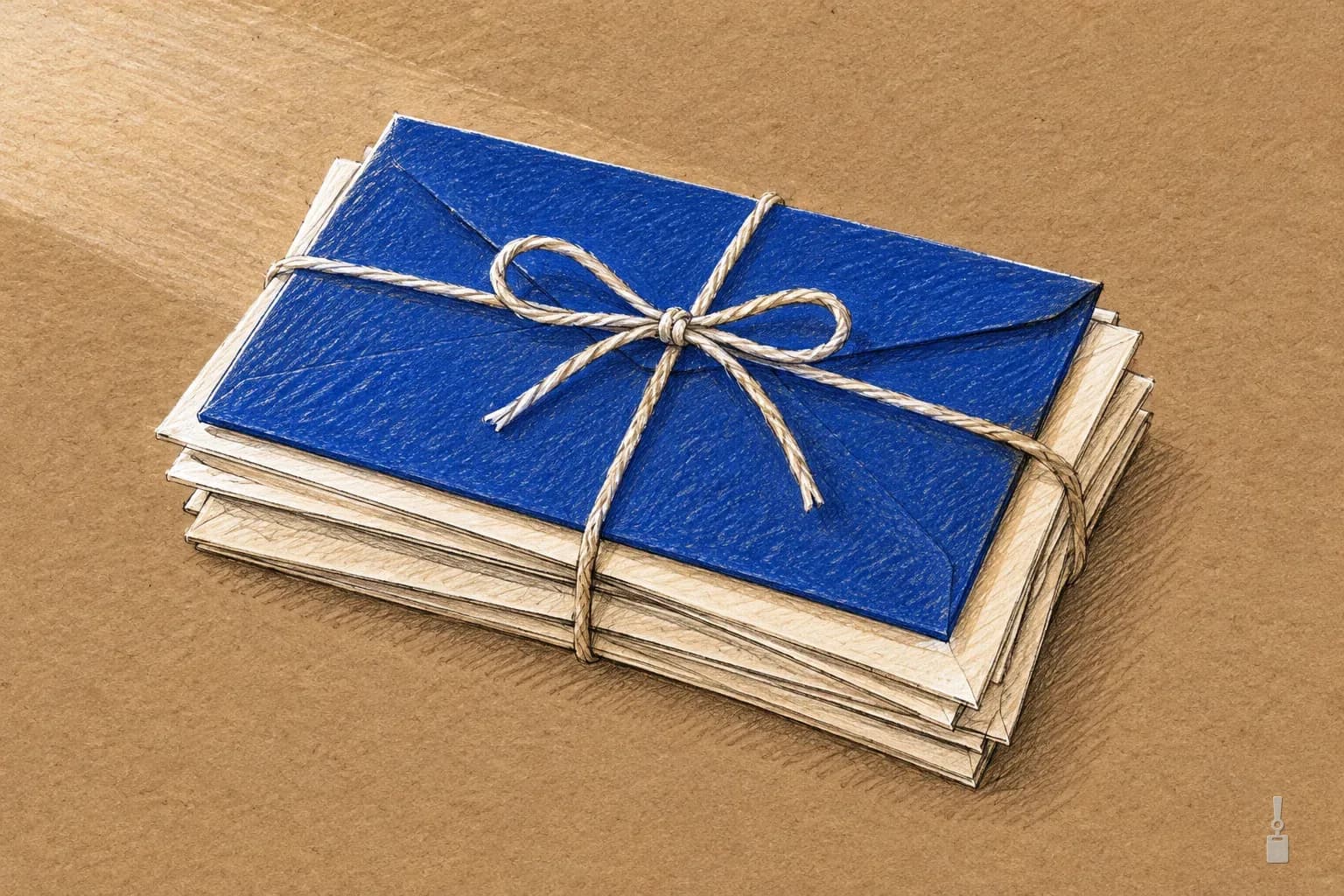 Coloured pencil drawing of a stack of sealed envelopes tied with string, the top one blue