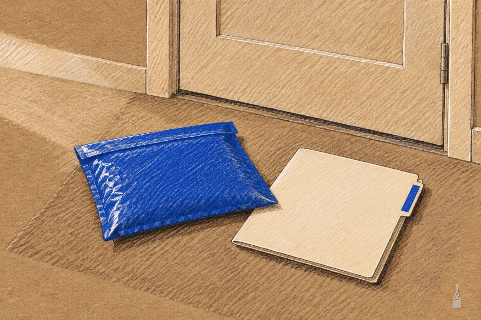 Coloured pencil drawing of a blue padded mailer and a manila folder on a mat in front of an office door