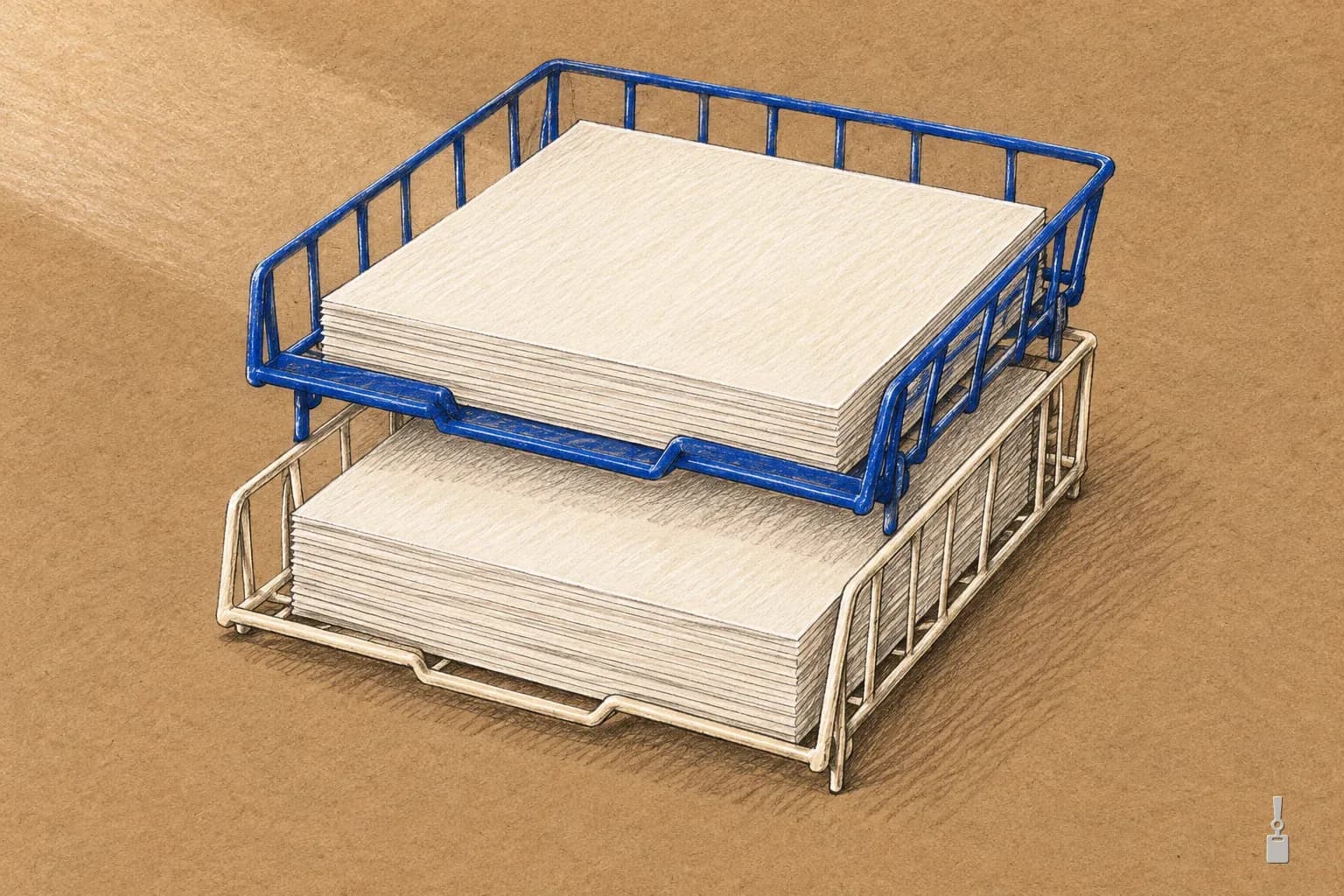 Coloured pencil drawing of two stacked letter trays, one blue and one cream, each holding a stack of blank paper
