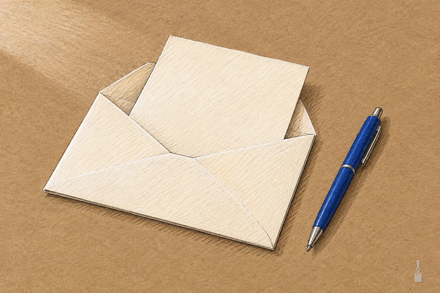 Coloured pencil drawing of an open envelope with a blank folded sheet half out