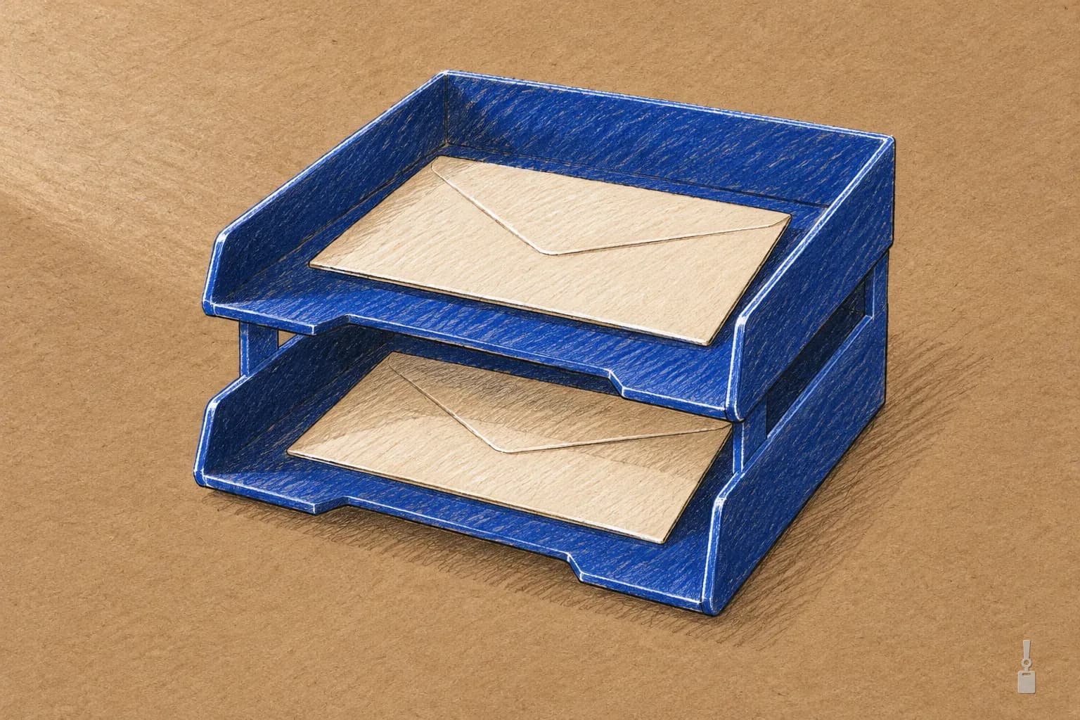 Coloured pencil drawing of a blue two-tier letter tray with an envelope in each tier