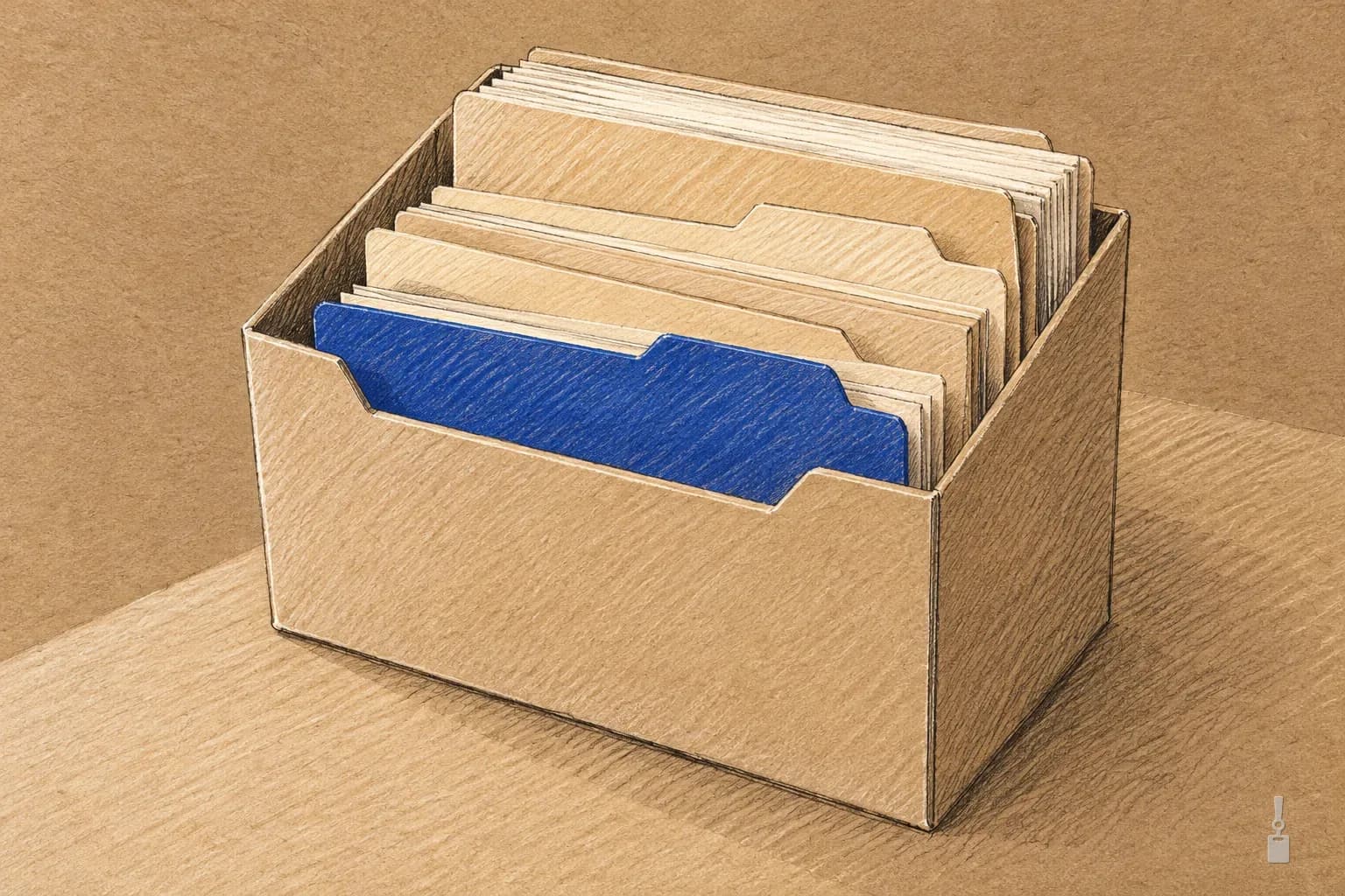 Coloured pencil drawing of a desk file box of folders of different thickness, one blue