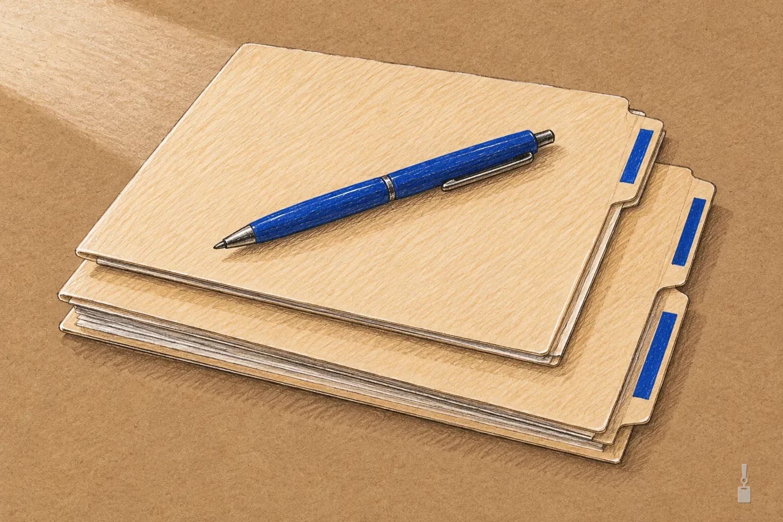 Coloured pencil drawing of three manila folders of different thickness stacked on a desk