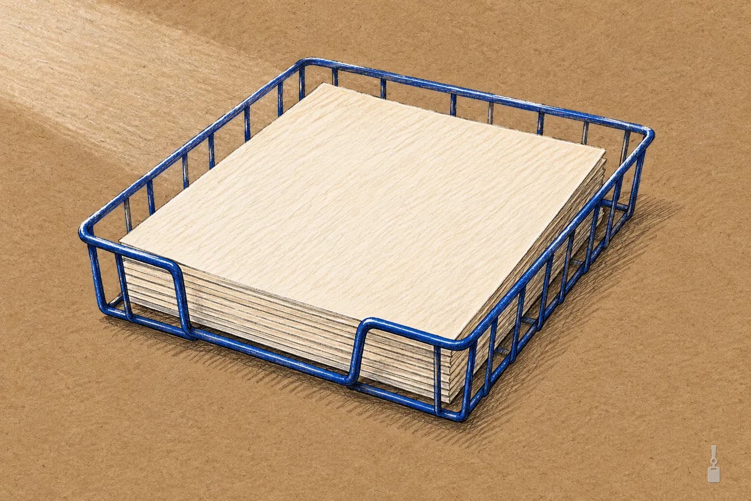 Coloured pencil drawing of blank sheets stacked in a blue wire tray