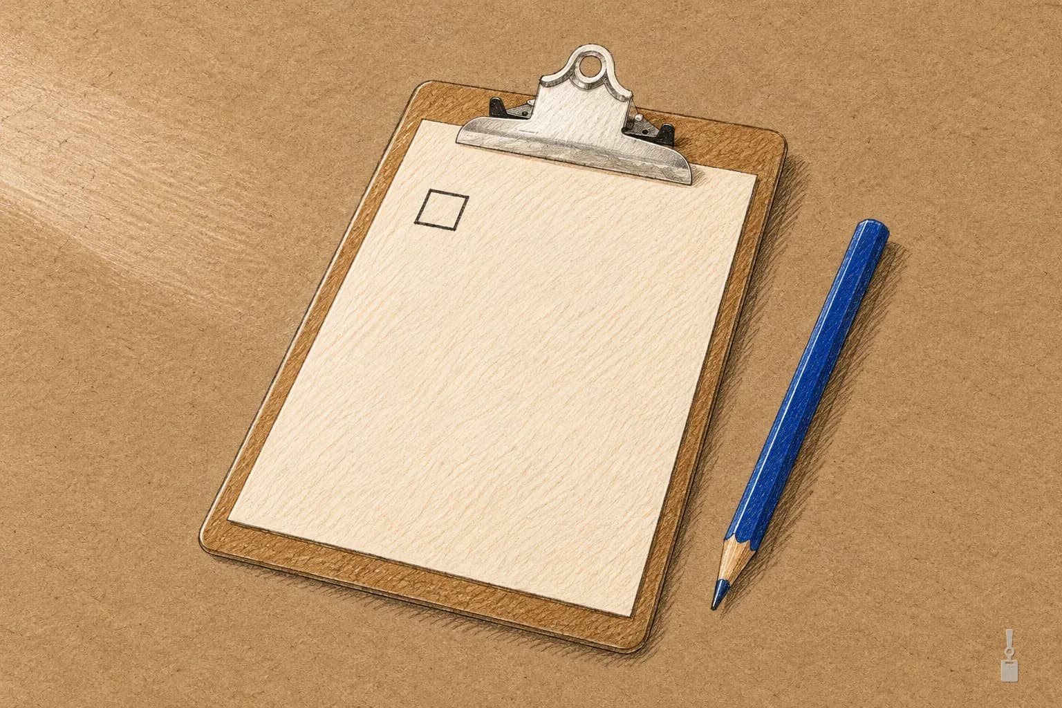 Coloured pencil drawing of a clipboard sheet with one empty box and a blue pencil