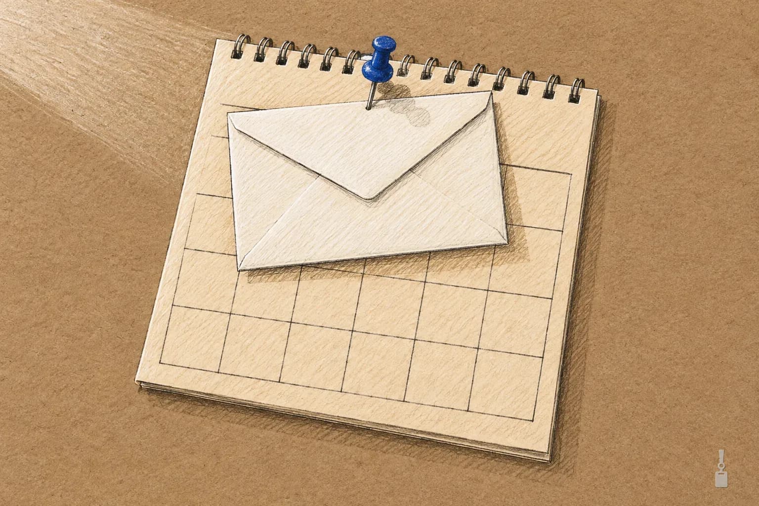 Coloured pencil drawing of a sealed envelope pinned to a blank wall calendar
