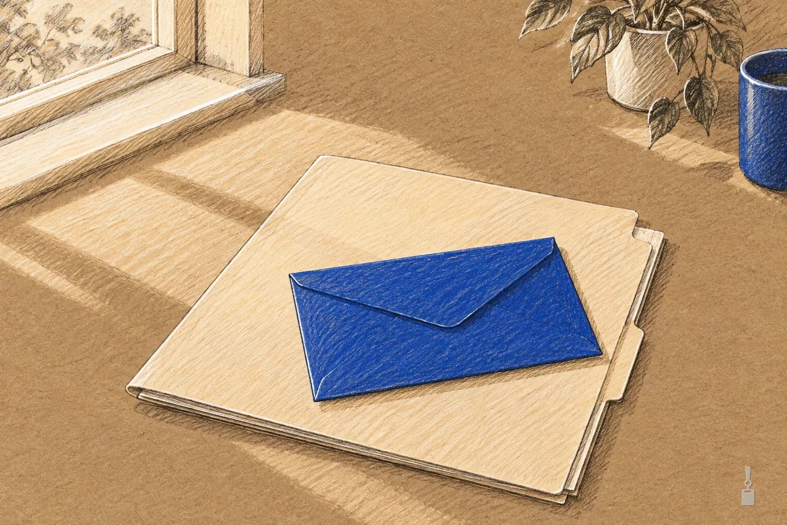 Coloured pencil drawing of a desk by a sunny window with a manila folder and a blue envelope