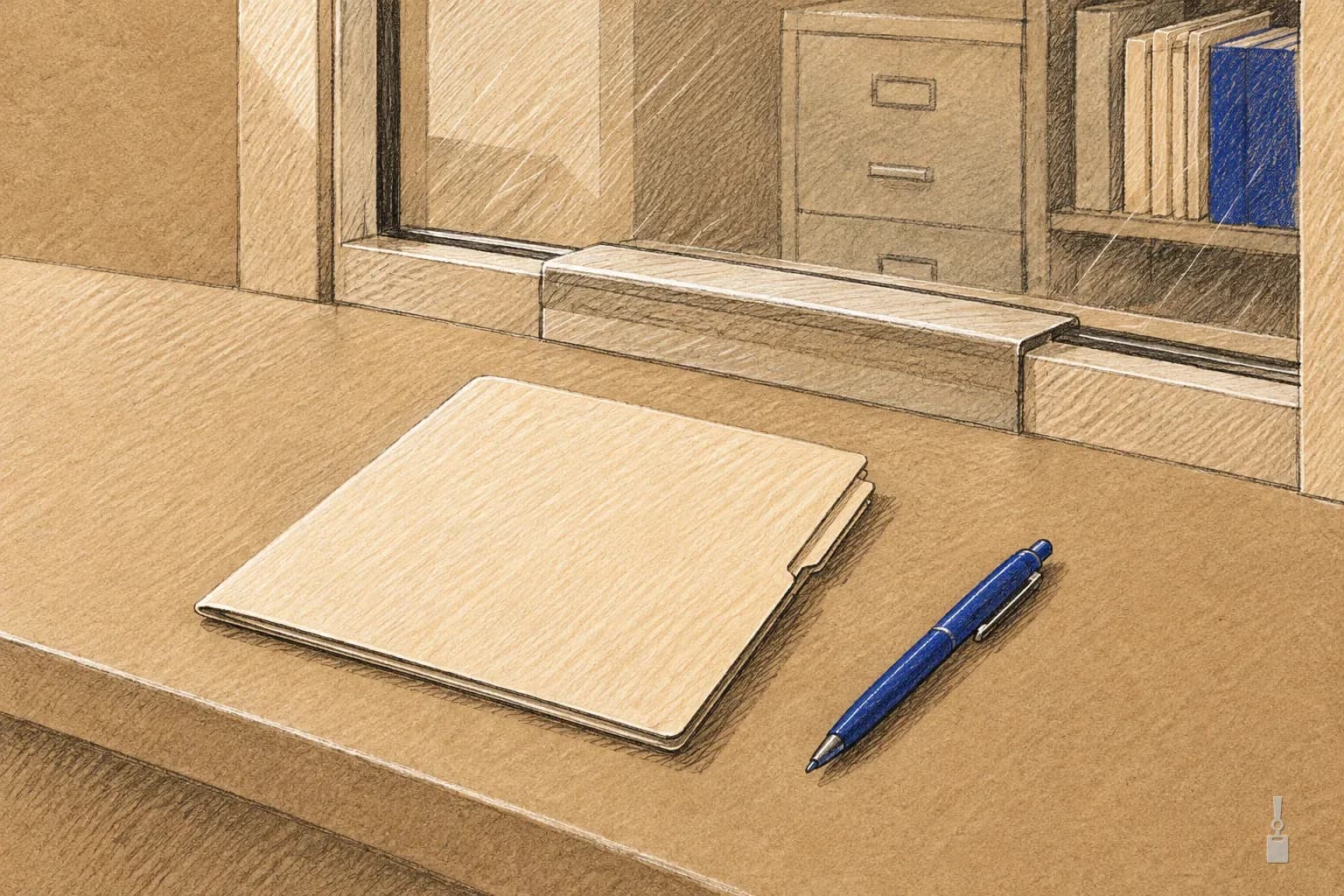 Coloured pencil drawing of a records office counter window with a folder on the counter