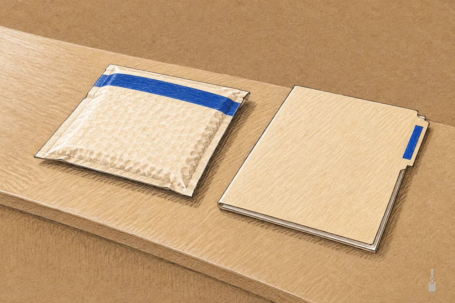 Coloured pencil drawing of a padded mailer with a blue strip beside a manila folder on a counter