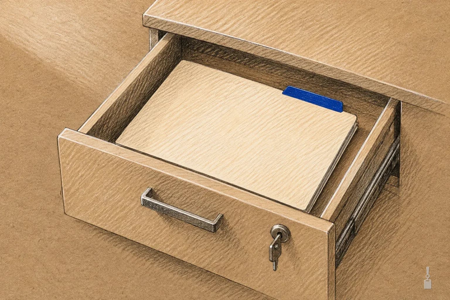 Coloured pencil drawing of an open desk drawer holding a folder, a key in its lock