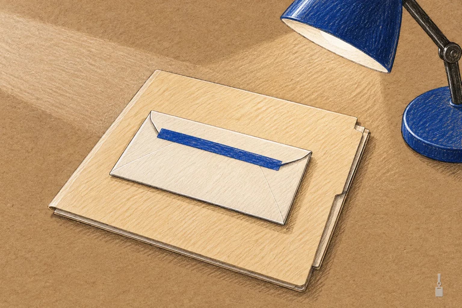 Coloured pencil drawing of a sealed envelope on a manila folder under a desk lamp