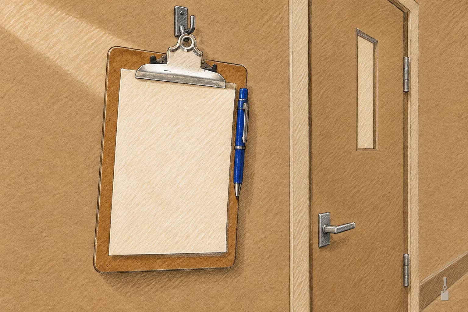 Coloured pencil drawing of a clipboard hanging on a hook beside a corridor door