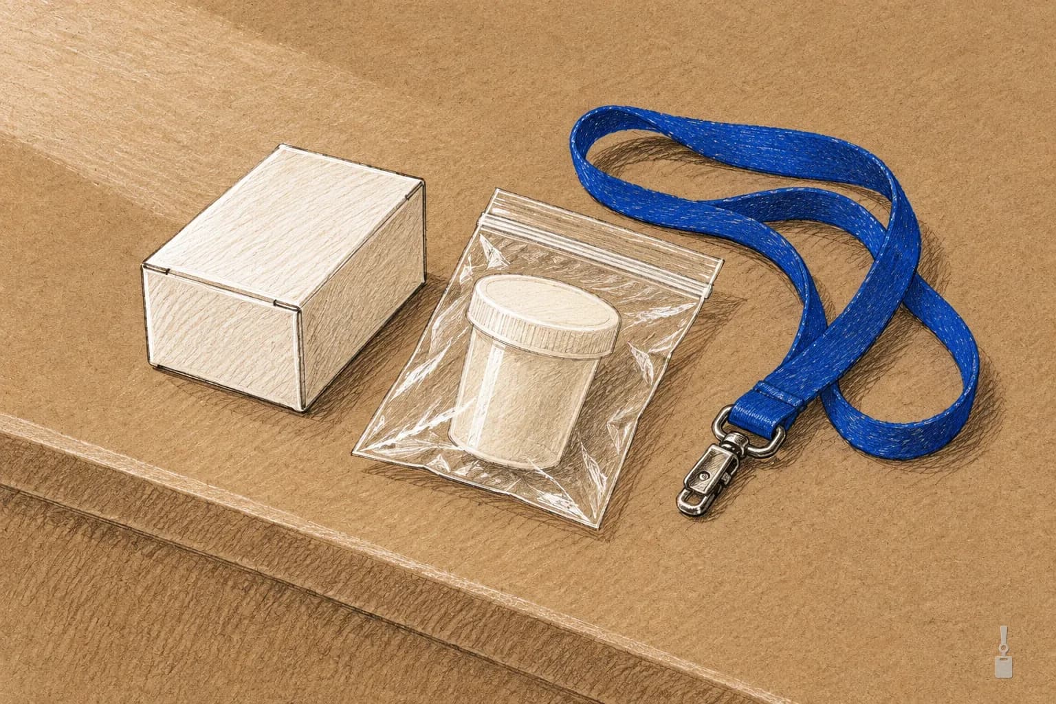 Coloured pencil drawing of a sealed box and a lidded sample cup in a clear bag on a counter
