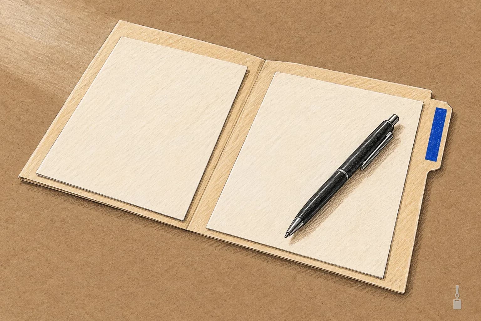 Coloured pencil drawing of an open manila folder with two blank sheets and a pen