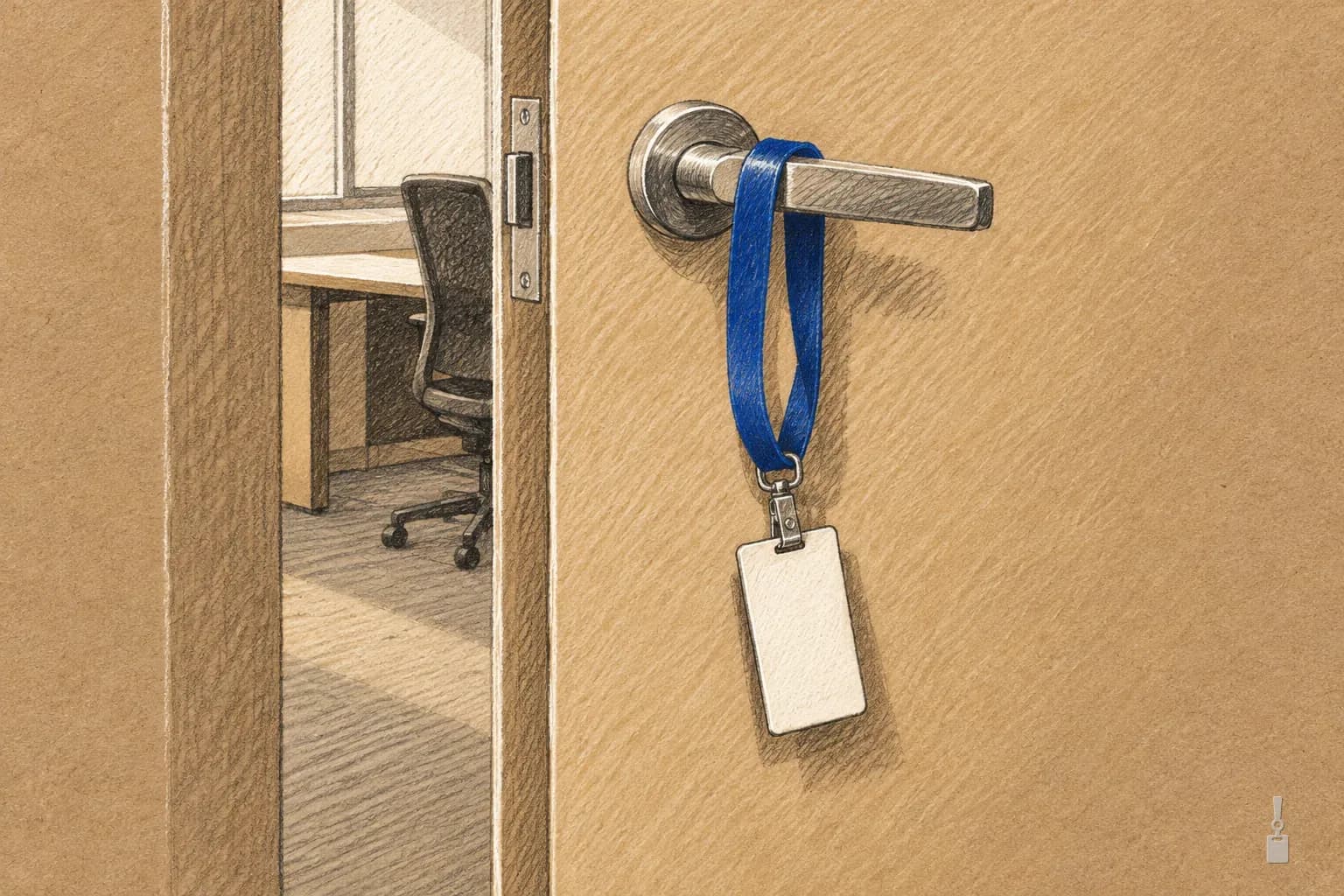 Coloured pencil drawing of an office door with a blank ID badge on a blue lanyard hanging from the handle