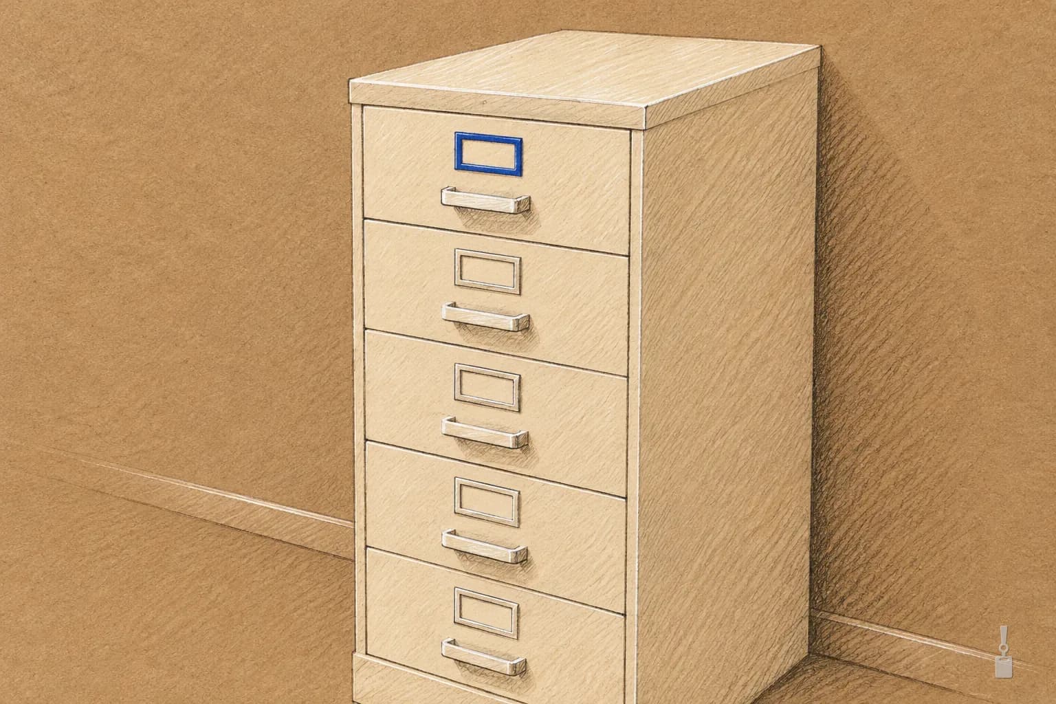 Coloured pencil drawing of a cream five-drawer filing cabinet against a wall, one drawer with a blue label holder