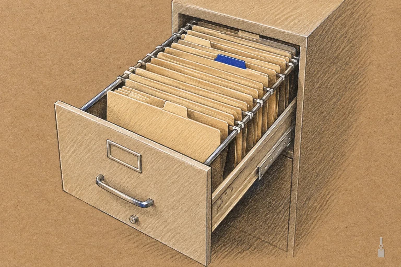 Coloured pencil drawing of a long drawer of manila folders with one blue tab