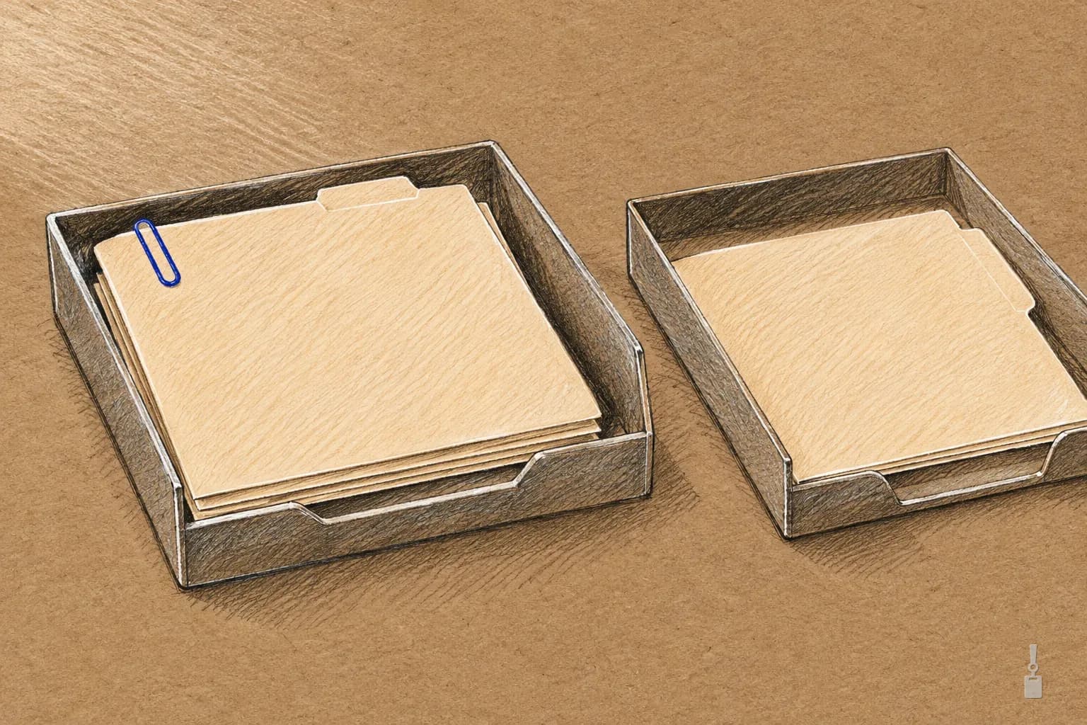 Coloured pencil drawing of a folder in an in-tray with a blue paper clip and another in the out-tray