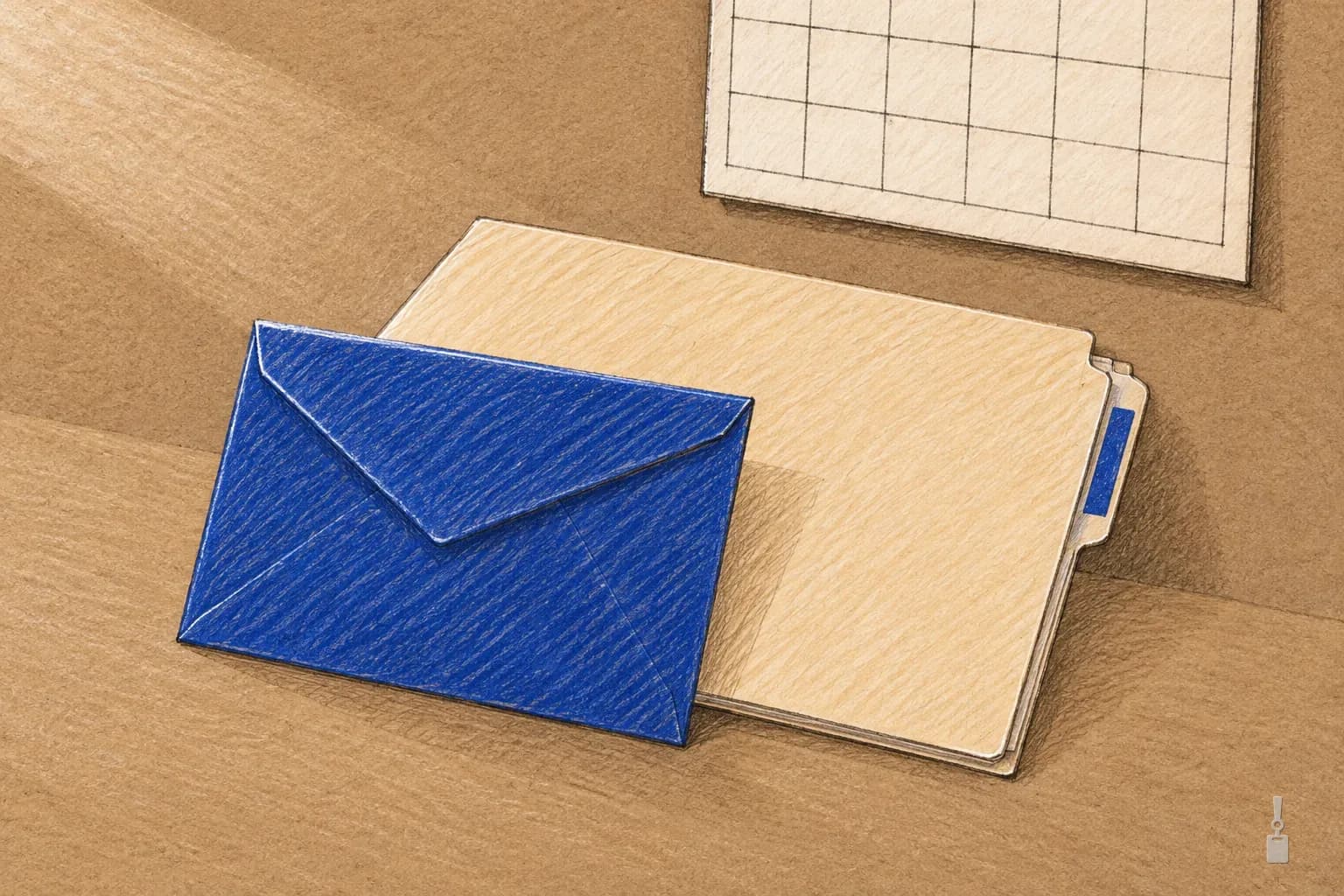 Coloured pencil drawing of a blue envelope propped against a folder below a blank calendar