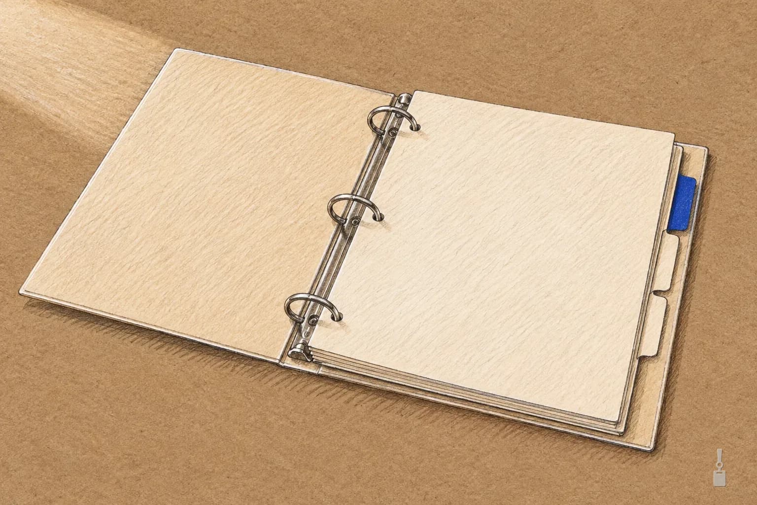 Coloured pencil drawing of an open ring binder with blank pages and divider tabs