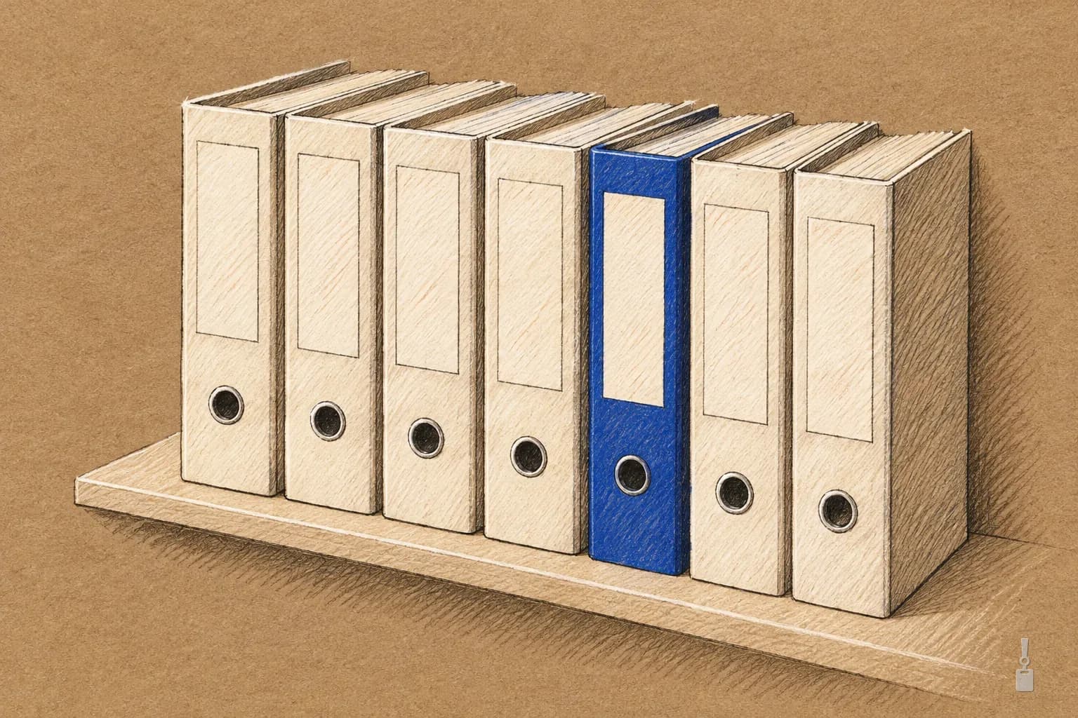 Coloured pencil drawing of a row of ring binders on a shelf, one with a blue spine