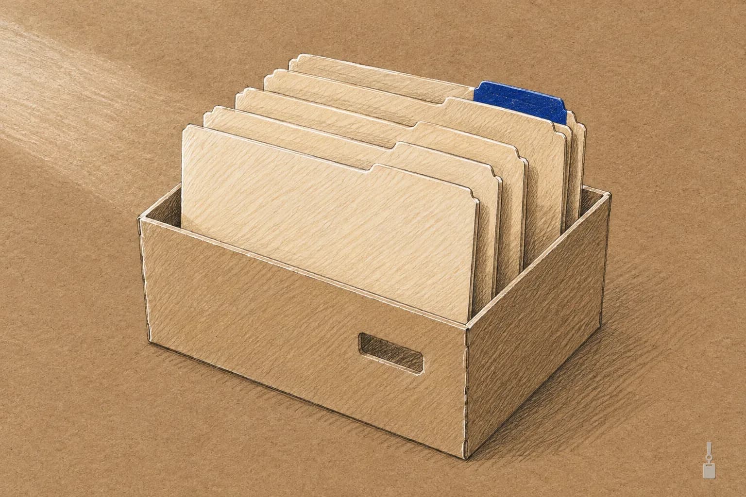 Coloured pencil drawing of manila folders standing in a desk file box, one with a blue tab