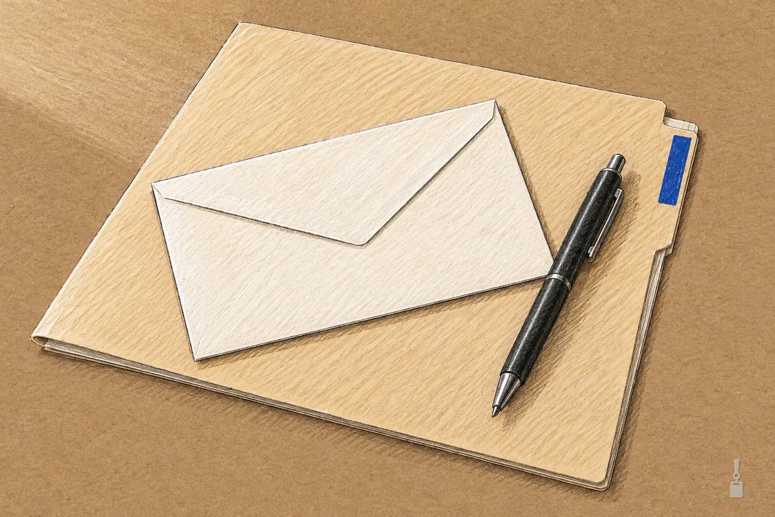 Coloured pencil drawing of a manila folder with a blue tab label, a pen and a sealed envelope