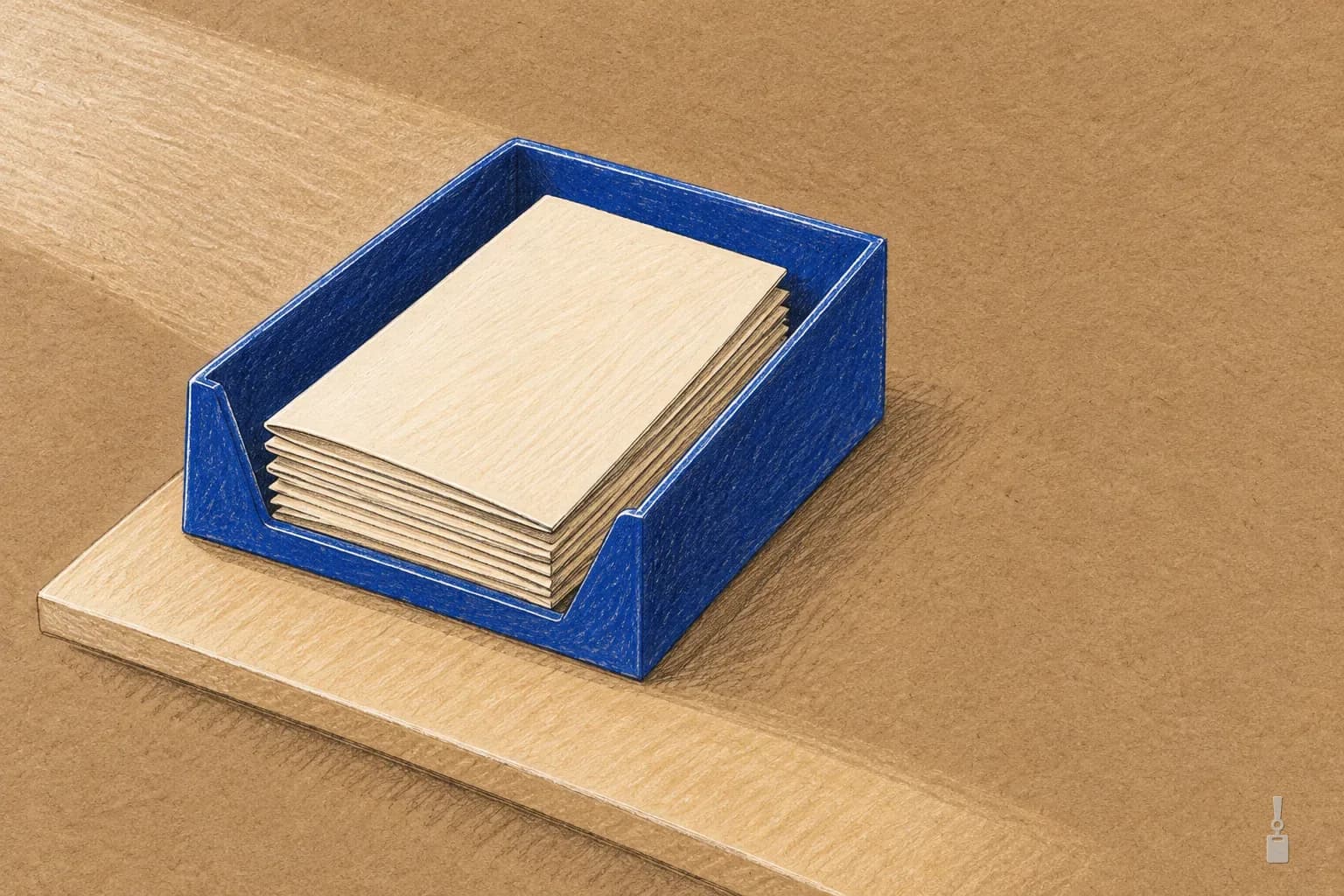 Coloured pencil drawing of folded blank leaflets in a blue tray on a counter