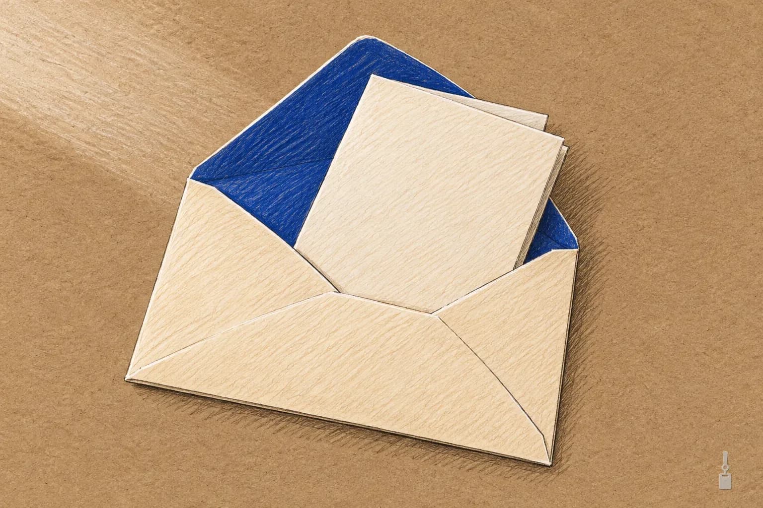 Coloured pencil drawing of a folded blank leaflet tucked into an envelope