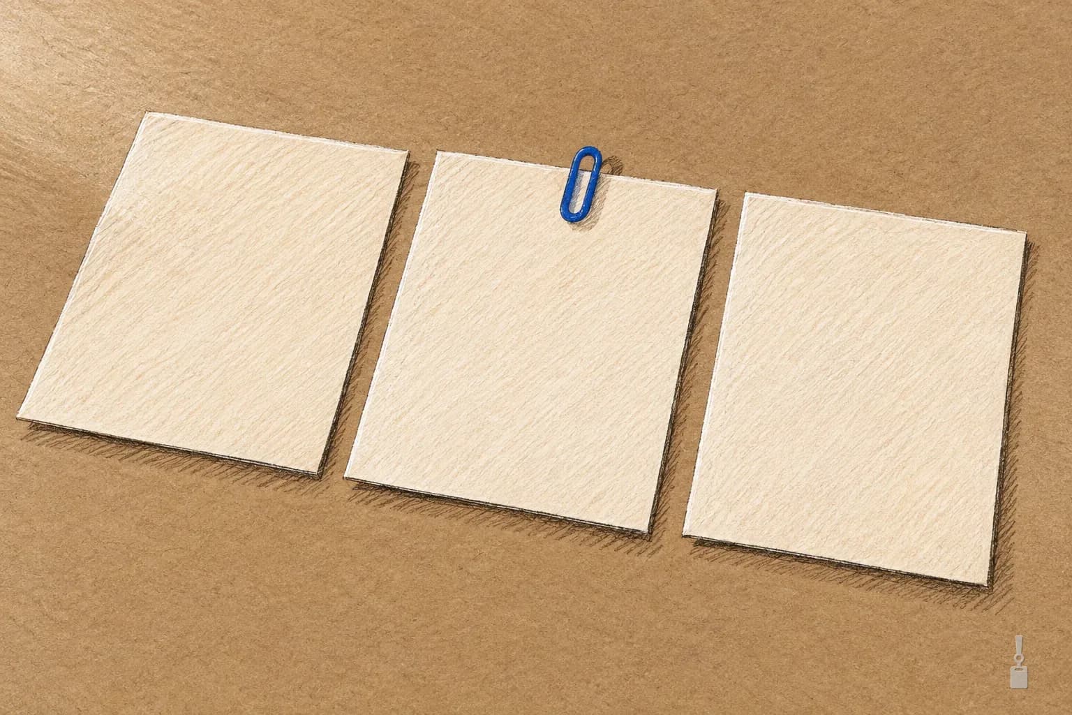Coloured pencil drawing of three blank sheets side by side, the middle one with a blue paper clip