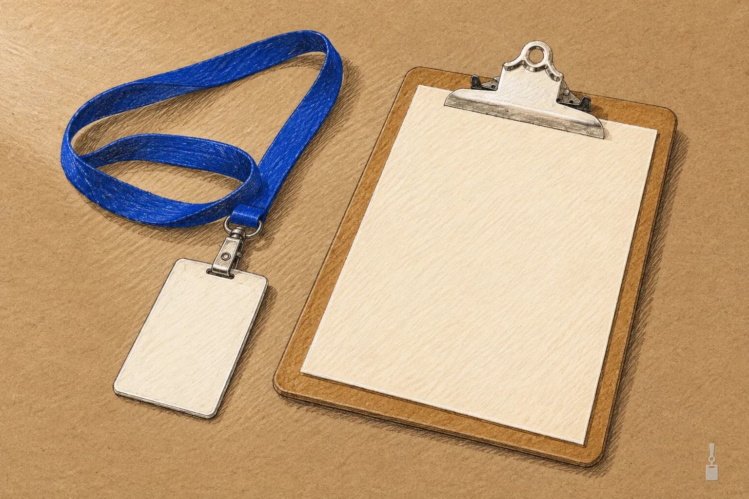 Coloured pencil drawing of a clipboard with a blank sheet beside a blank ID badge on a blue lanyard
