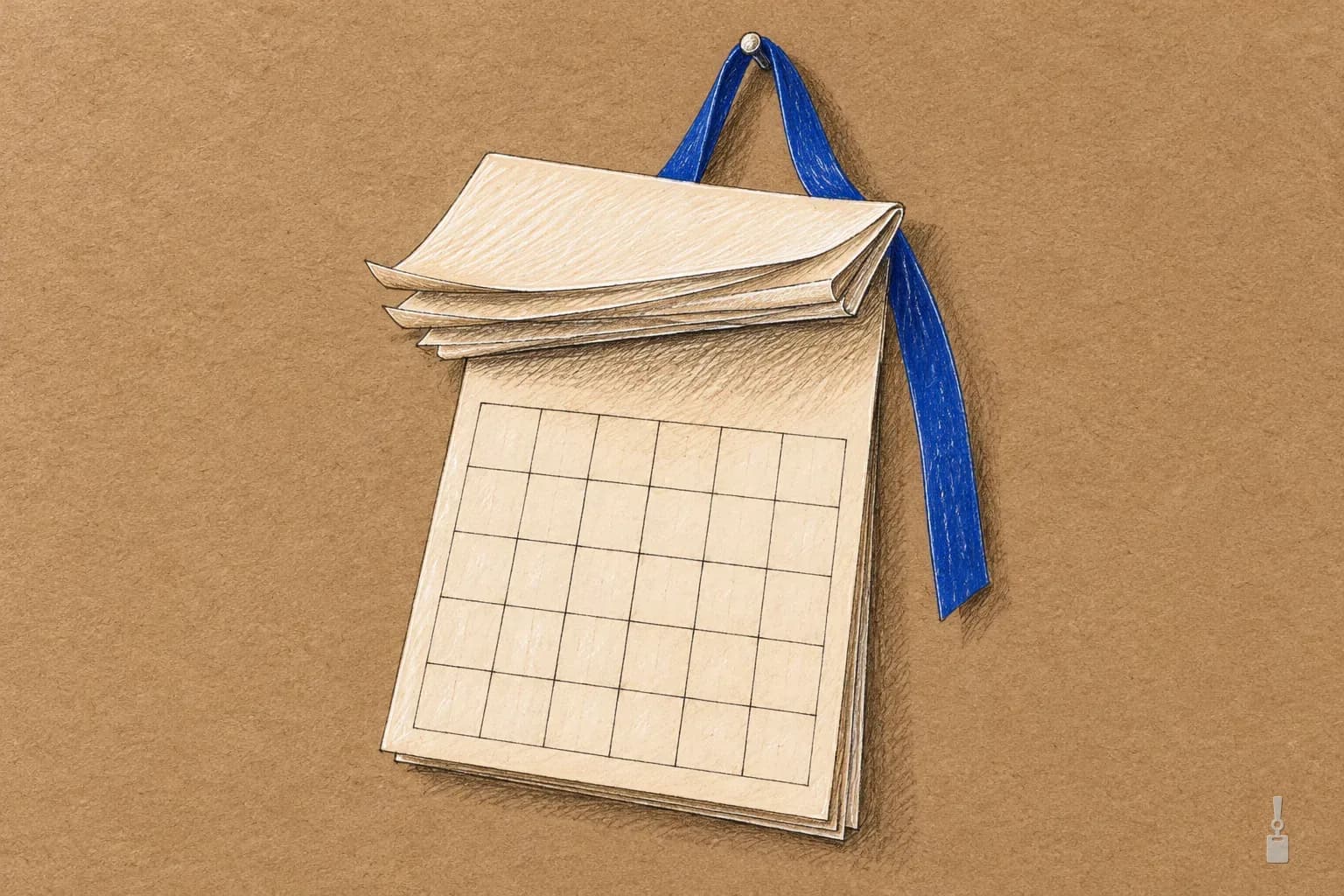 Coloured pencil drawing of a blank wall calendar with pages folded up and a blue ribbon