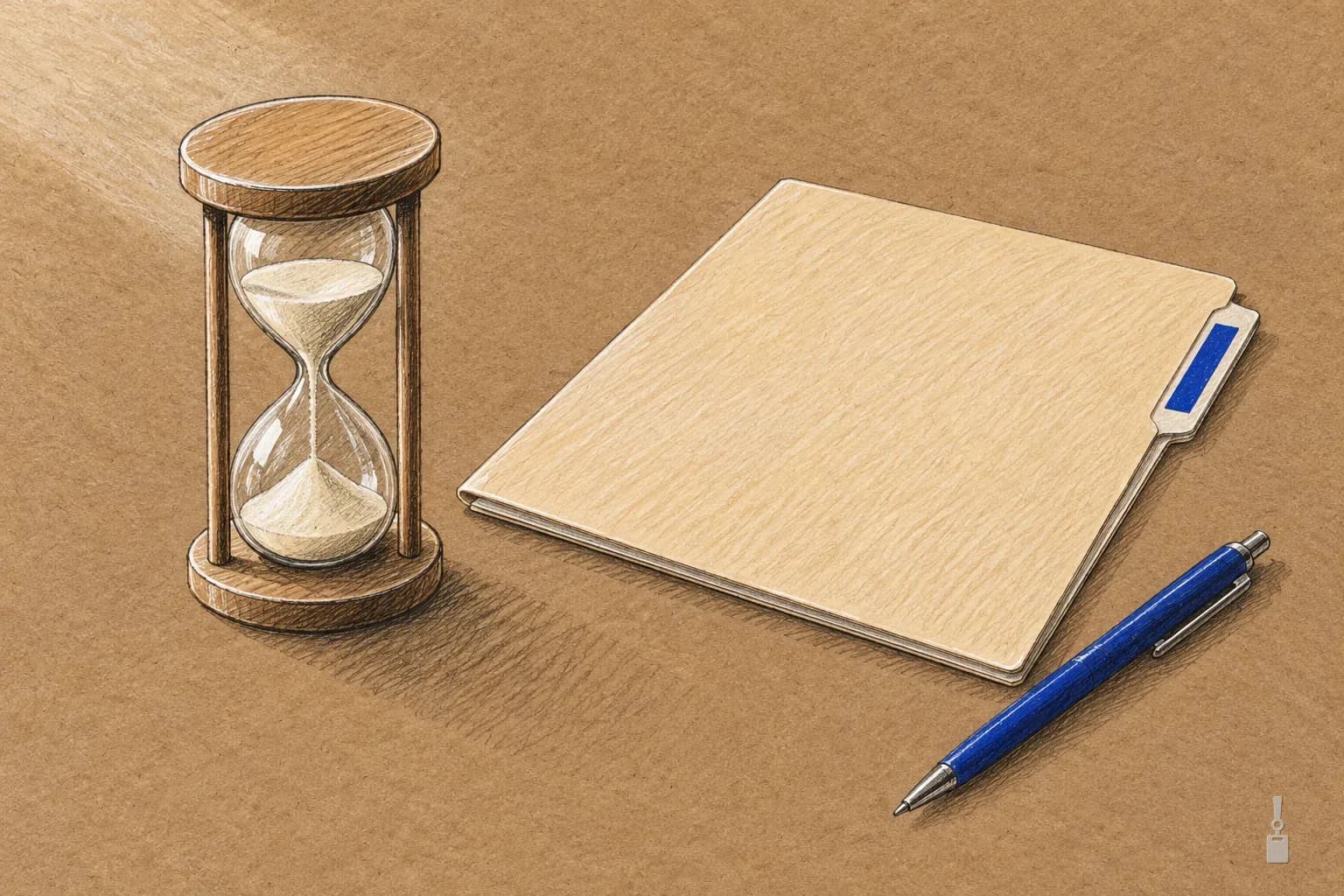 Coloured pencil drawing of an hourglass beside a manila folder and a blue pen