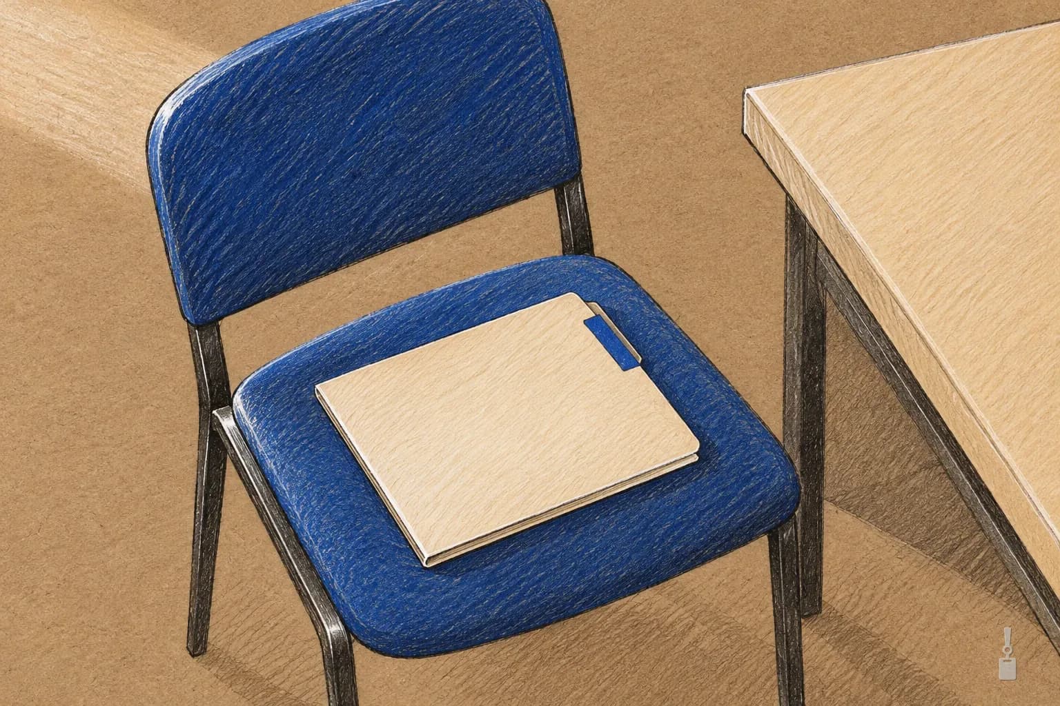 Coloured pencil drawing of a manila folder resting on an empty chair beside a desk