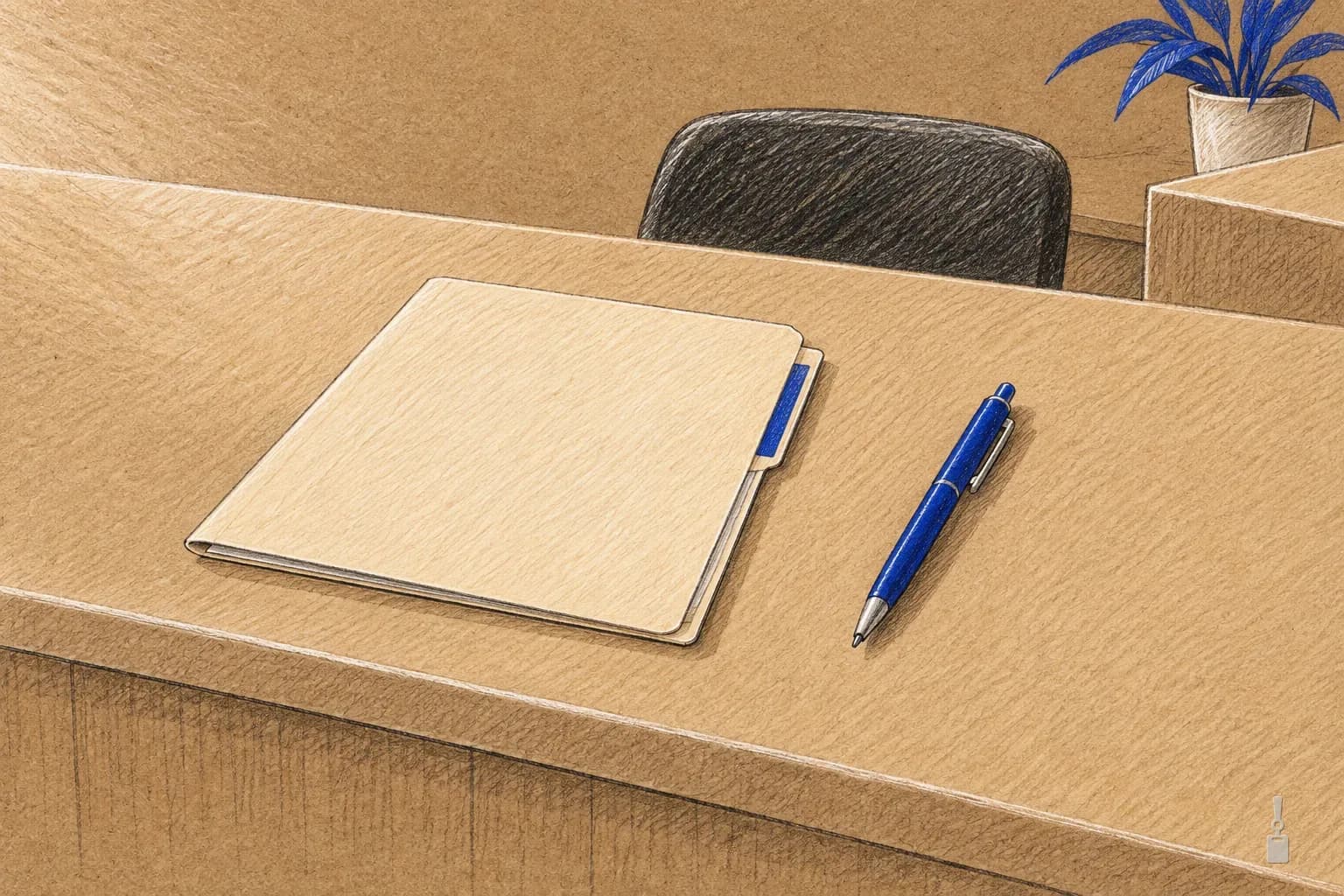 Coloured pencil drawing of a reception counter with a manila folder and a blue pen set out